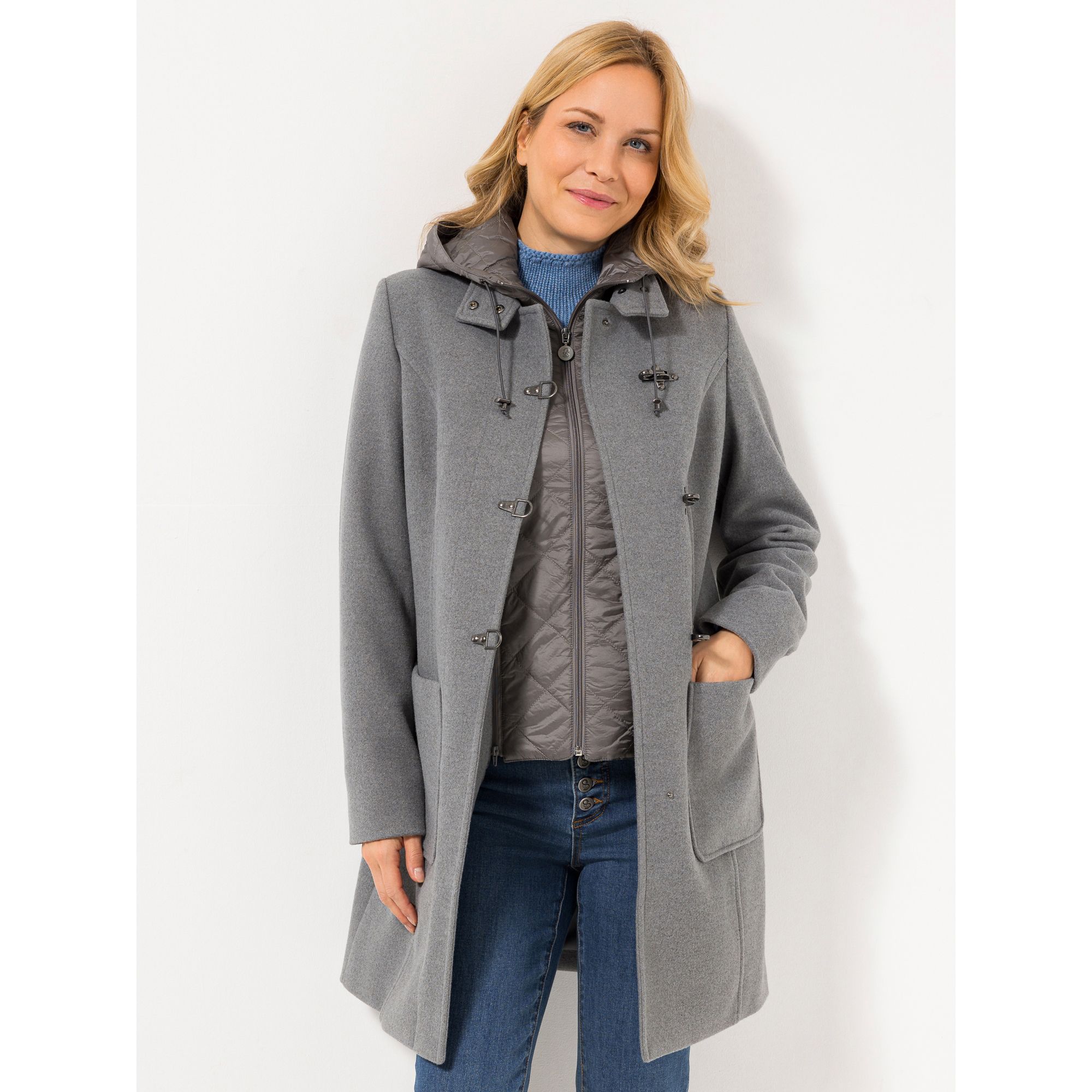 STRANDFEIN Kurzmantel Wollmix 2 in 1 Look Steppkapuze abnehmbar figurumspielend