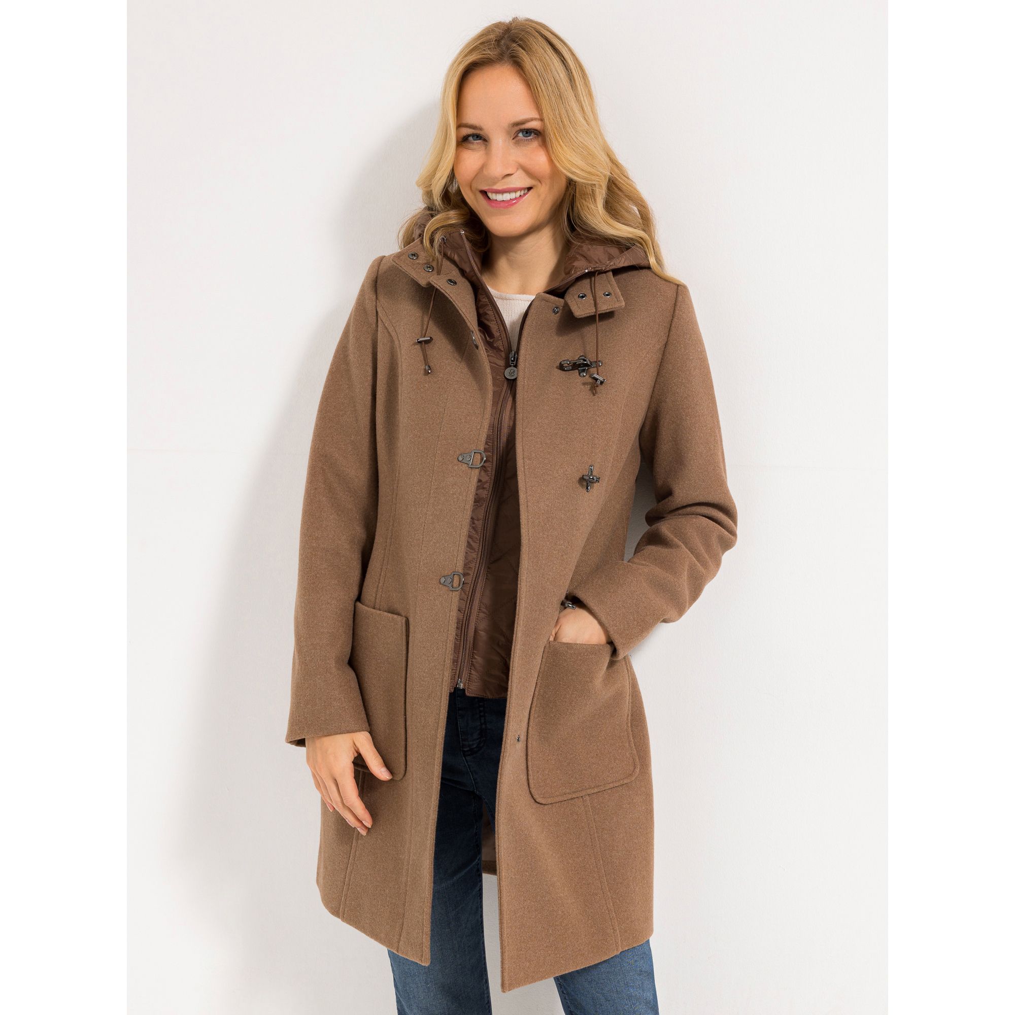 STRANDFEIN Kurzmantel Wollmix 2 in 1 Look Steppkapuze abnehmbar figurumspielend