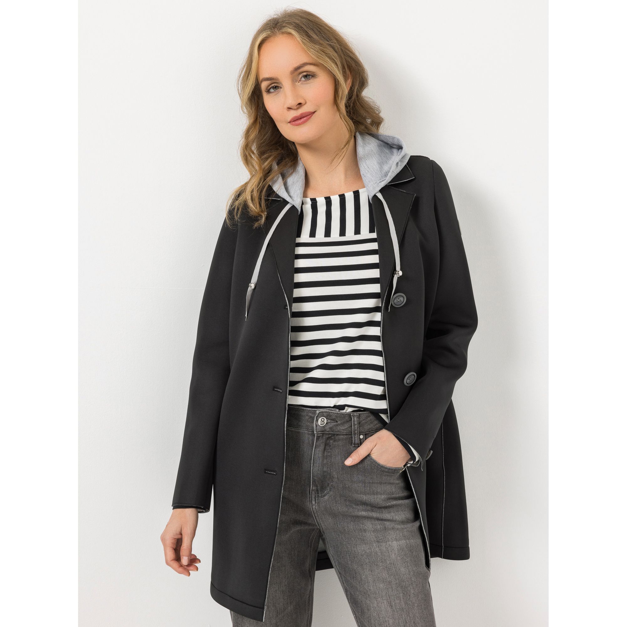 STRANDFEIN Kurzmantel zweifarbige Scubaware Sweatkapuze abnehmbar figurumspielend