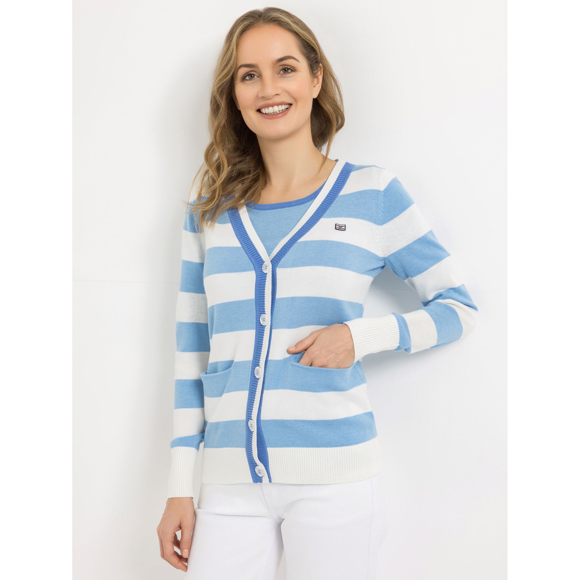 STRANDFEIN Streifencardigan V-Ausschnitt Kontrastblende figurumspielend