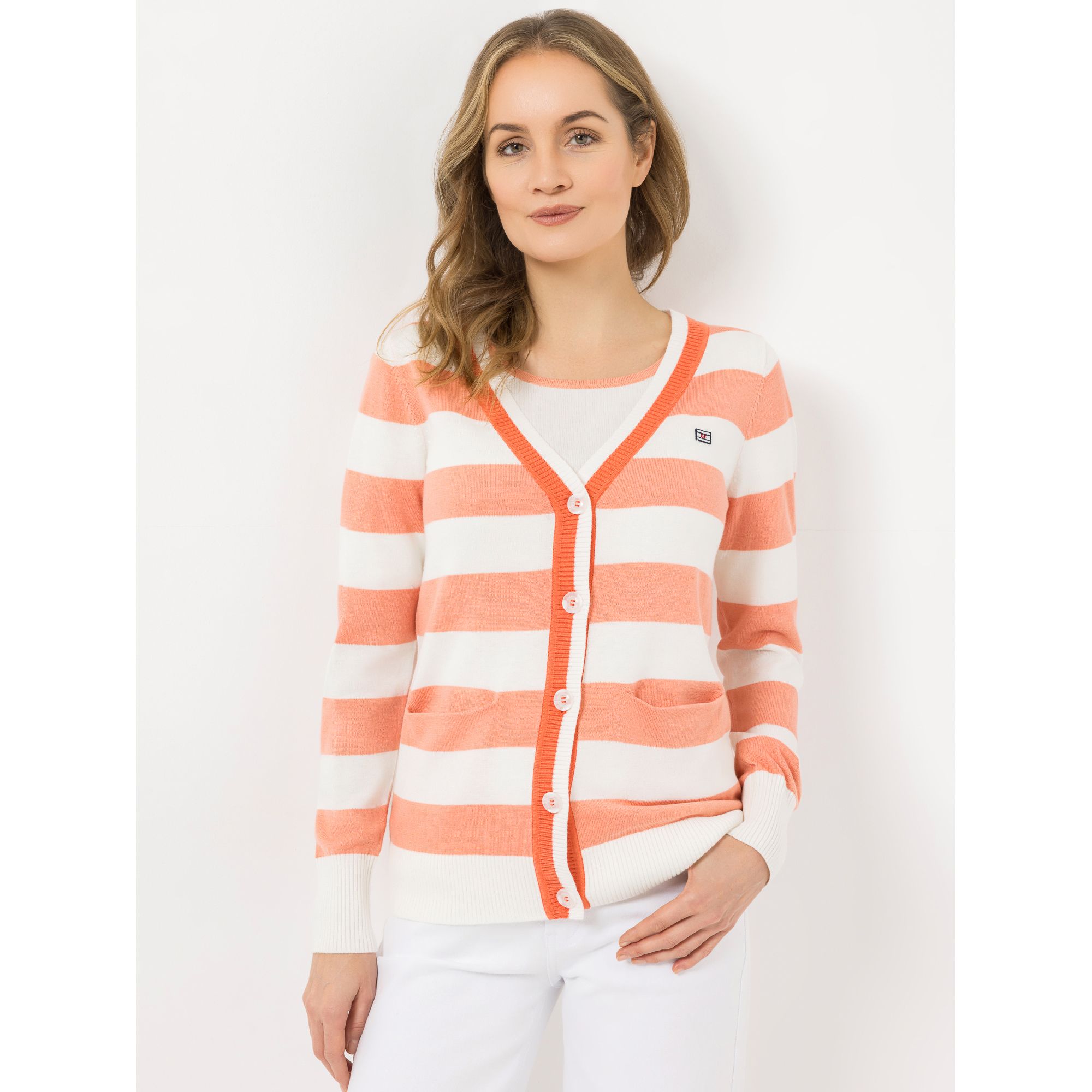 STRANDFEIN Streifencardigan V-Ausschnitt Kontrastblende figurumspielend