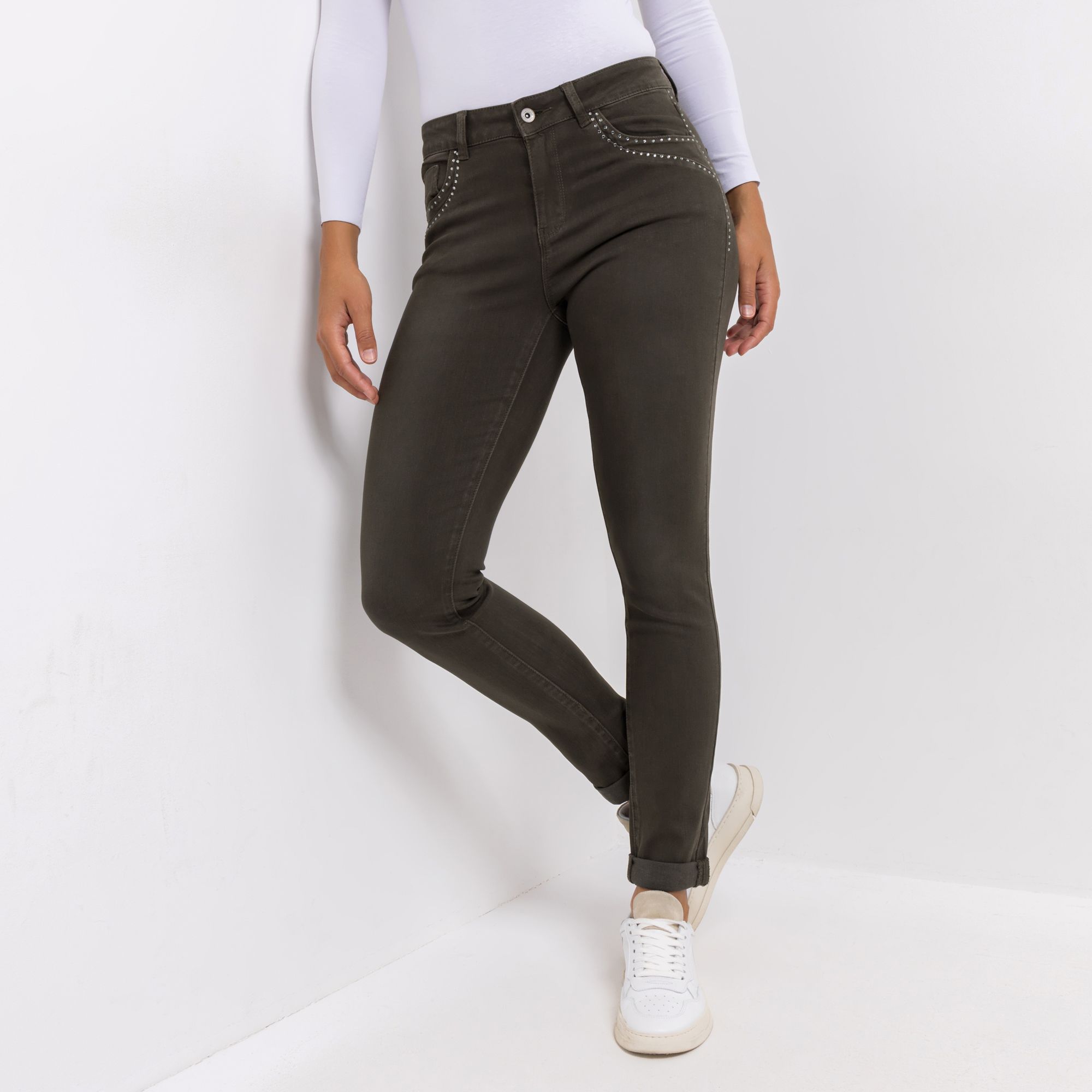 DINE 'N' DANCE Jeanshose, Salsa 5-Pocket-Style dekorativer Strass schmales Bein