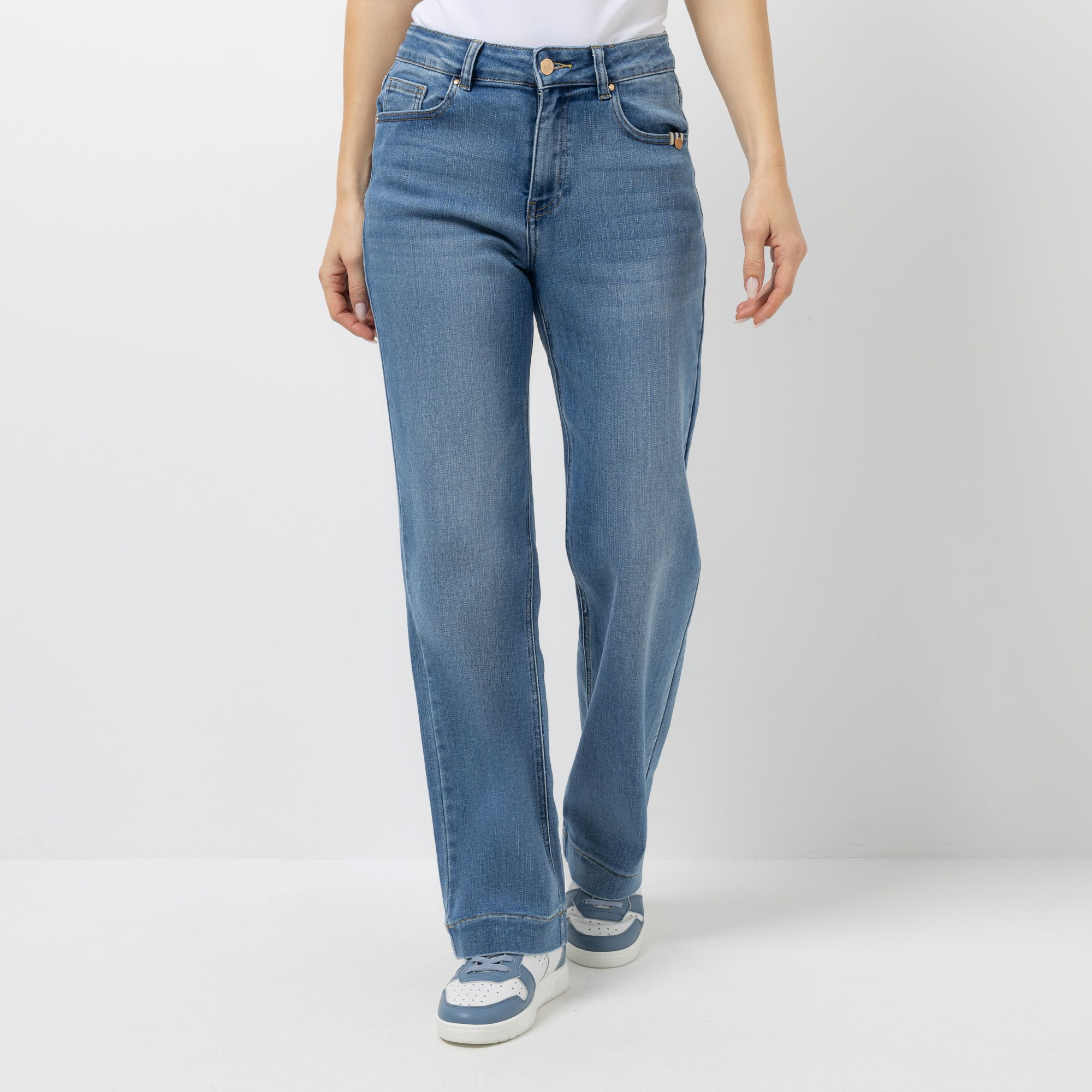 STRANDFEIN Jeans, lange Form 5-Pocket-Style Flacon-Stickerei gerades weites Bein