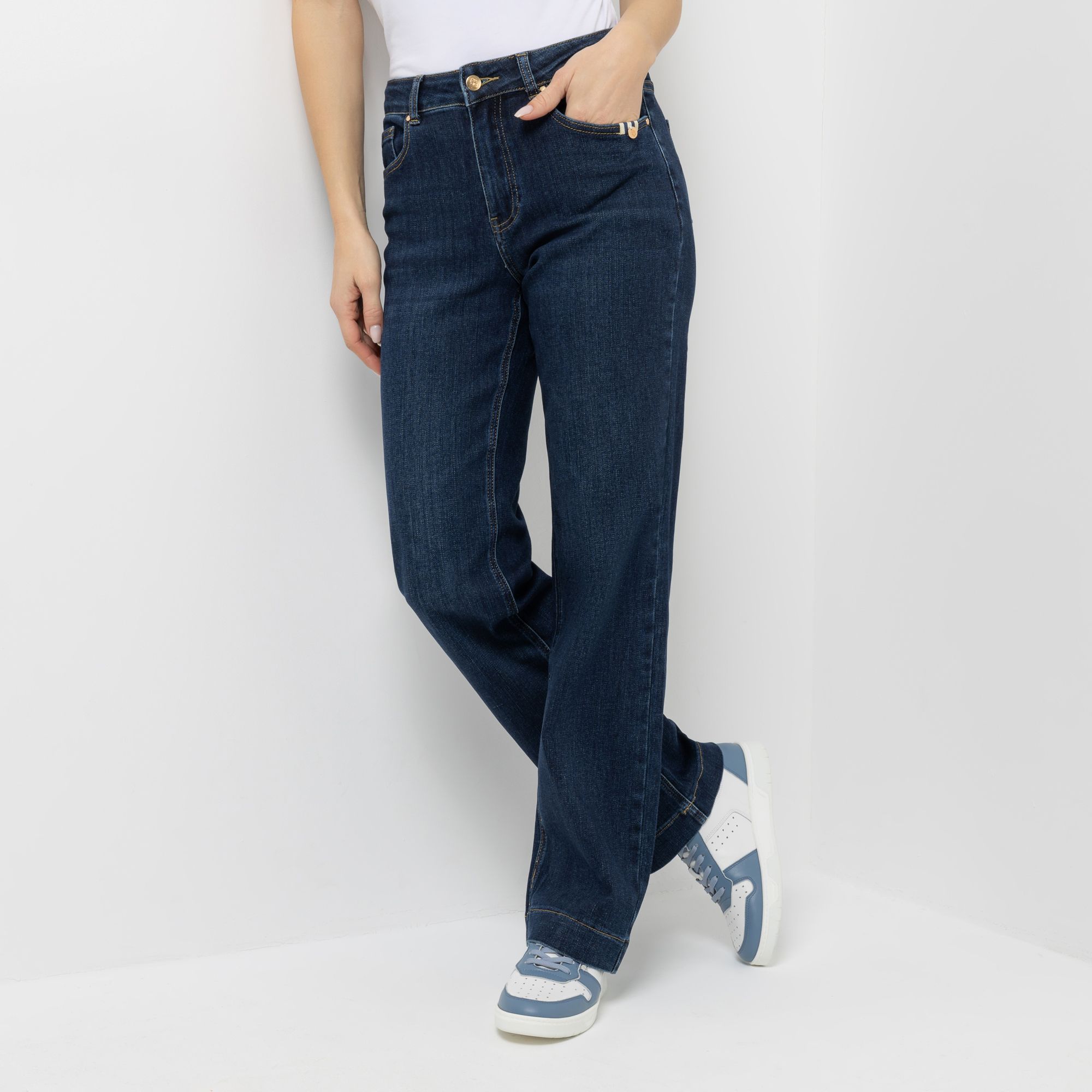 STRANDFEIN Jeans, lange Form 5-Pocket-Style Flacon-Stickerei gerades weites Bein
