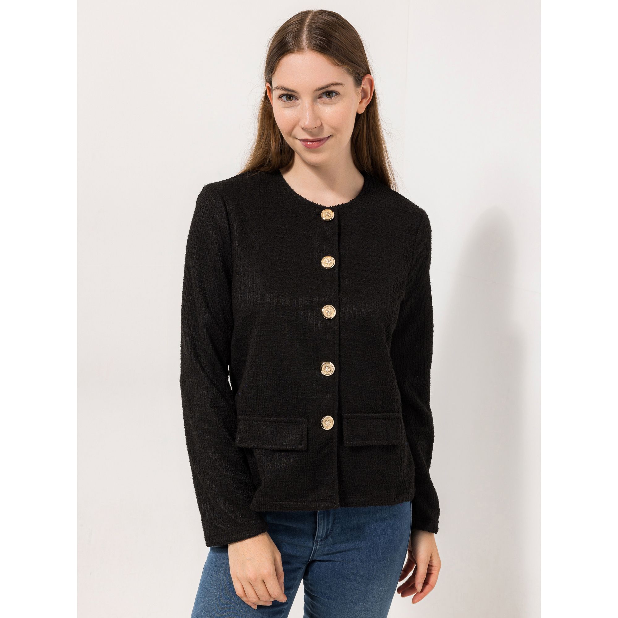 KIM & CO. Jacke, Langarm Boucle Jersey goldfarbene Knöpfe figurumspielend