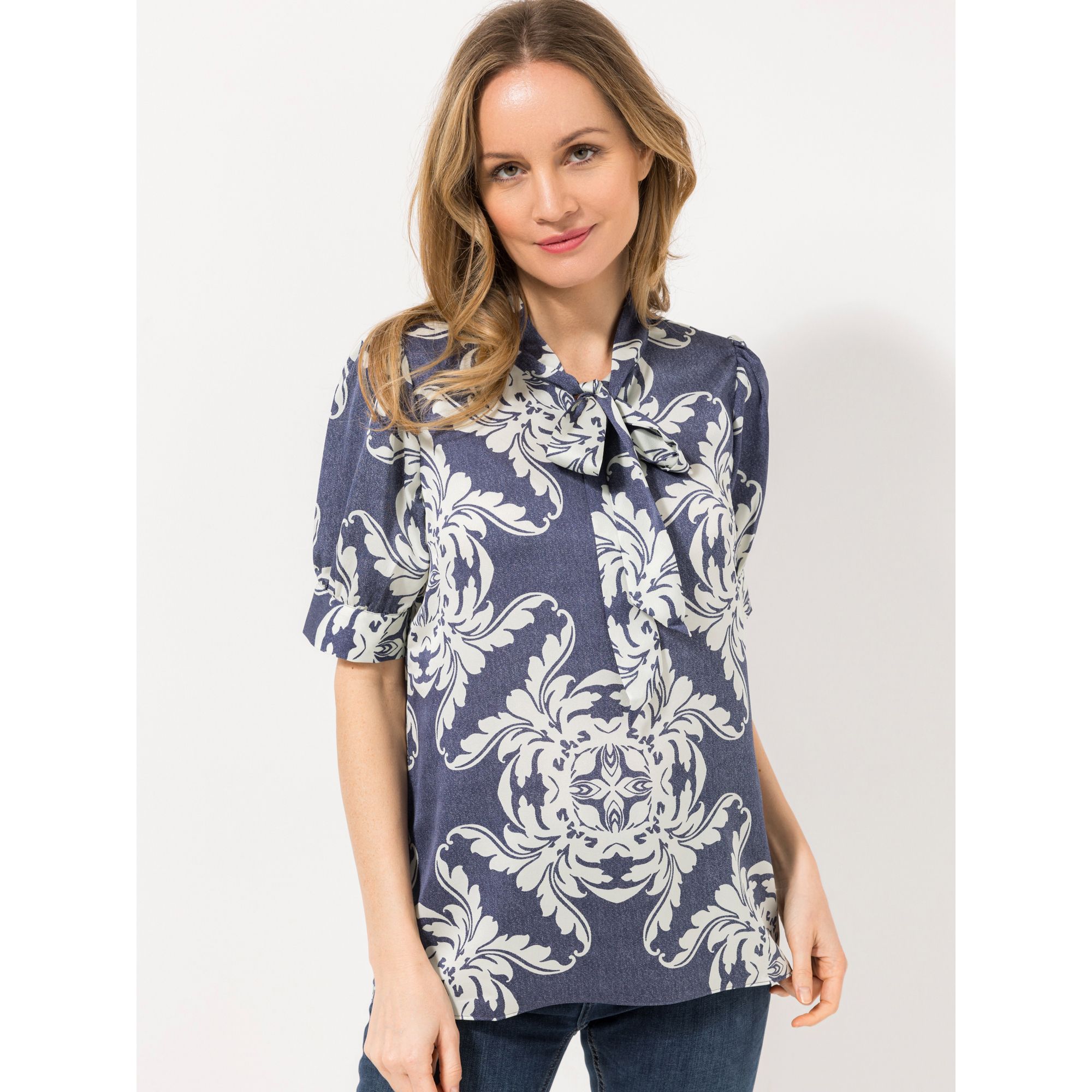 ANNI FOR FRIENDS Bluse, 1/2-Arm Schluppenkragen Allover-Druck figurumspielend