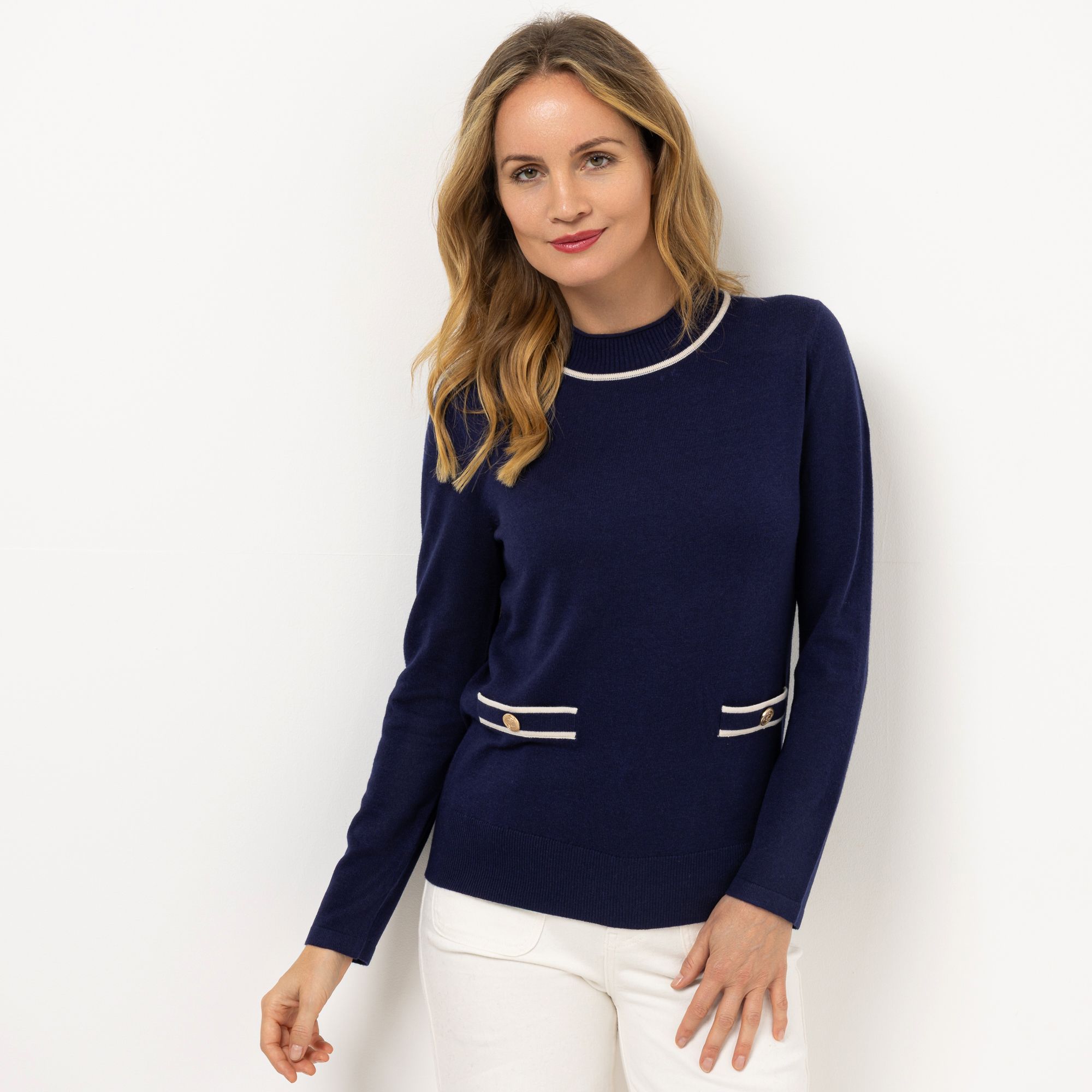 STRANDFEIN Pullover leichter Stehkragen Schmuckknöpfe figurumspielend