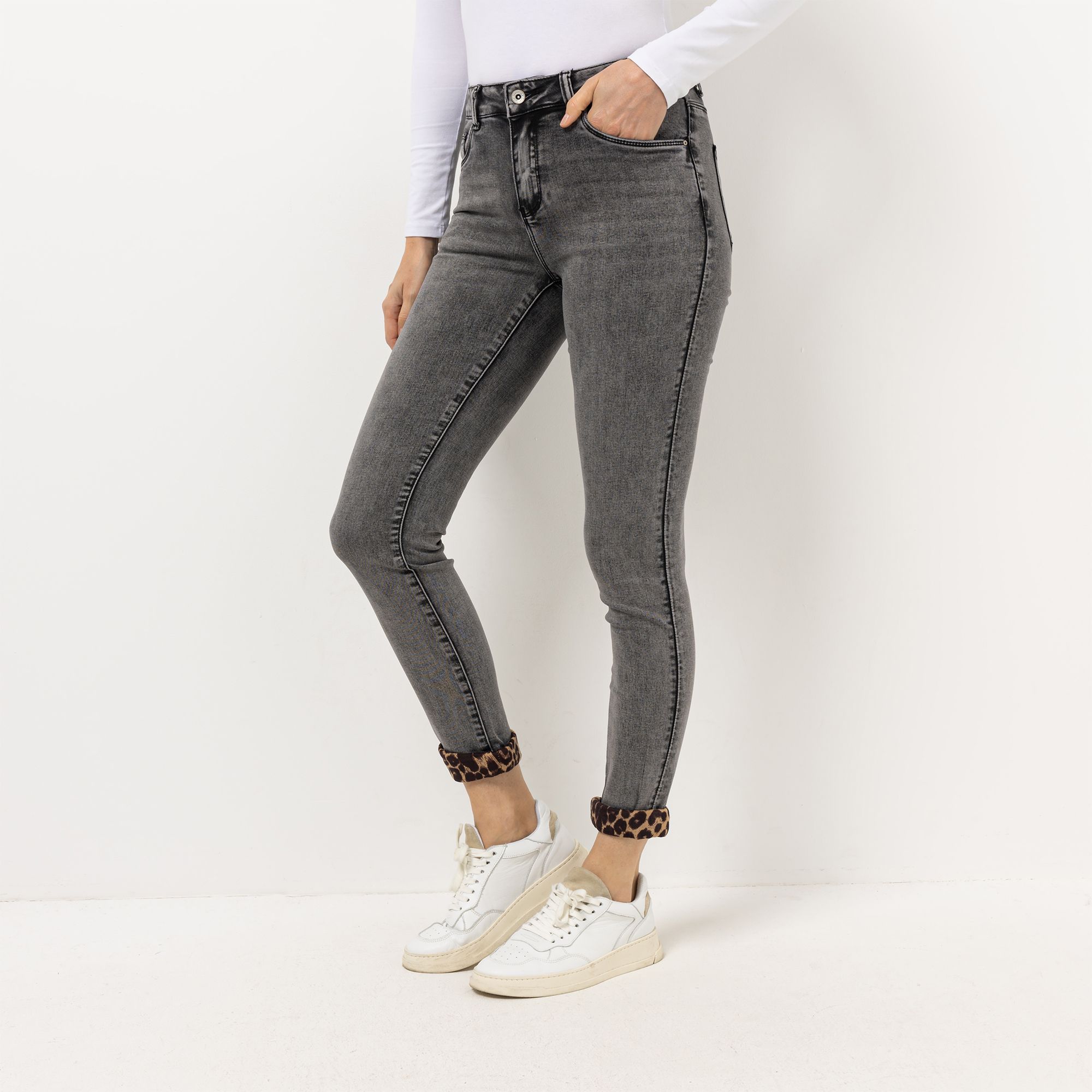 DINE 'N' DANCE Jeanshose, Salsa 5-Pocket-Style Leo-Umschlag schmales Bein