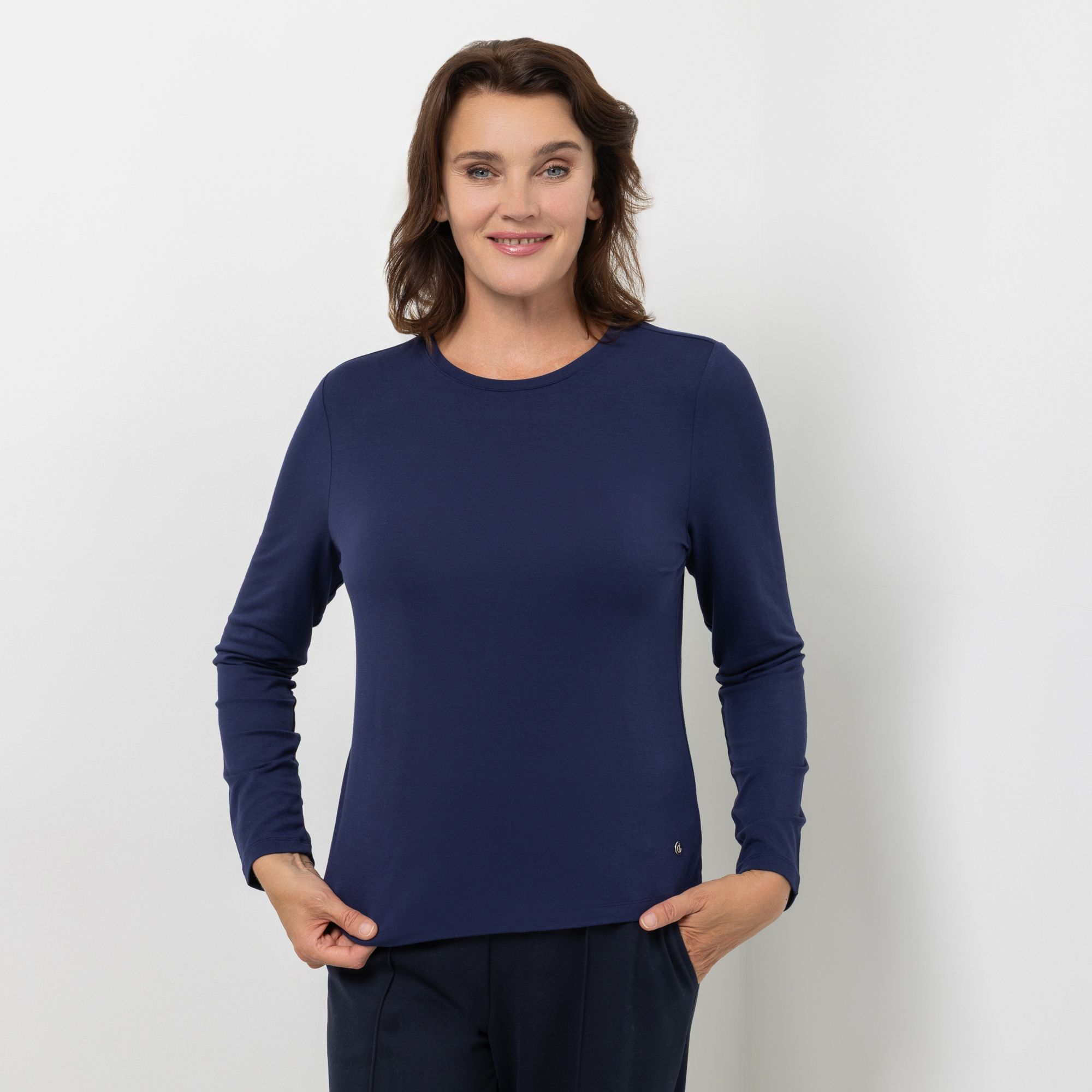 EVA LUTZ Shirt, Langarm Rundhalsausschnitt Logo-Druck figurumspielend
