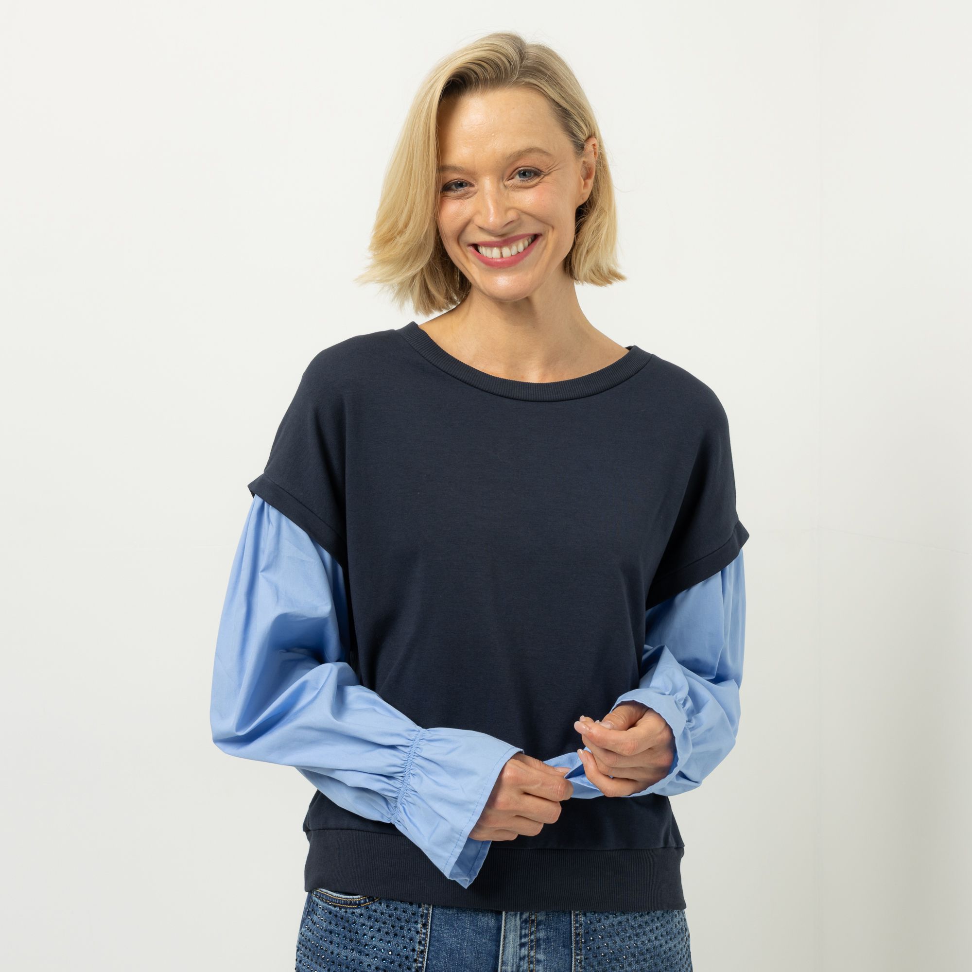 DINE 'N' DANCE Sweatshirt, Langarm 2in1-Optik Rundhalsausschnitt oversized