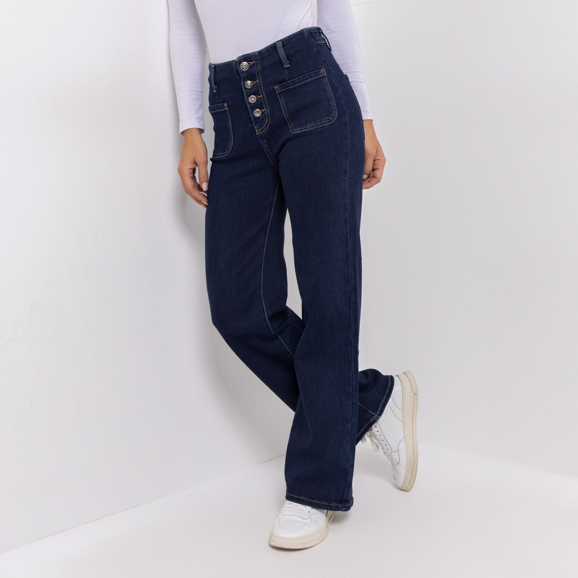 DINE 'N' DANCE Jeanshose Knopfleiste lange Form weites Bein