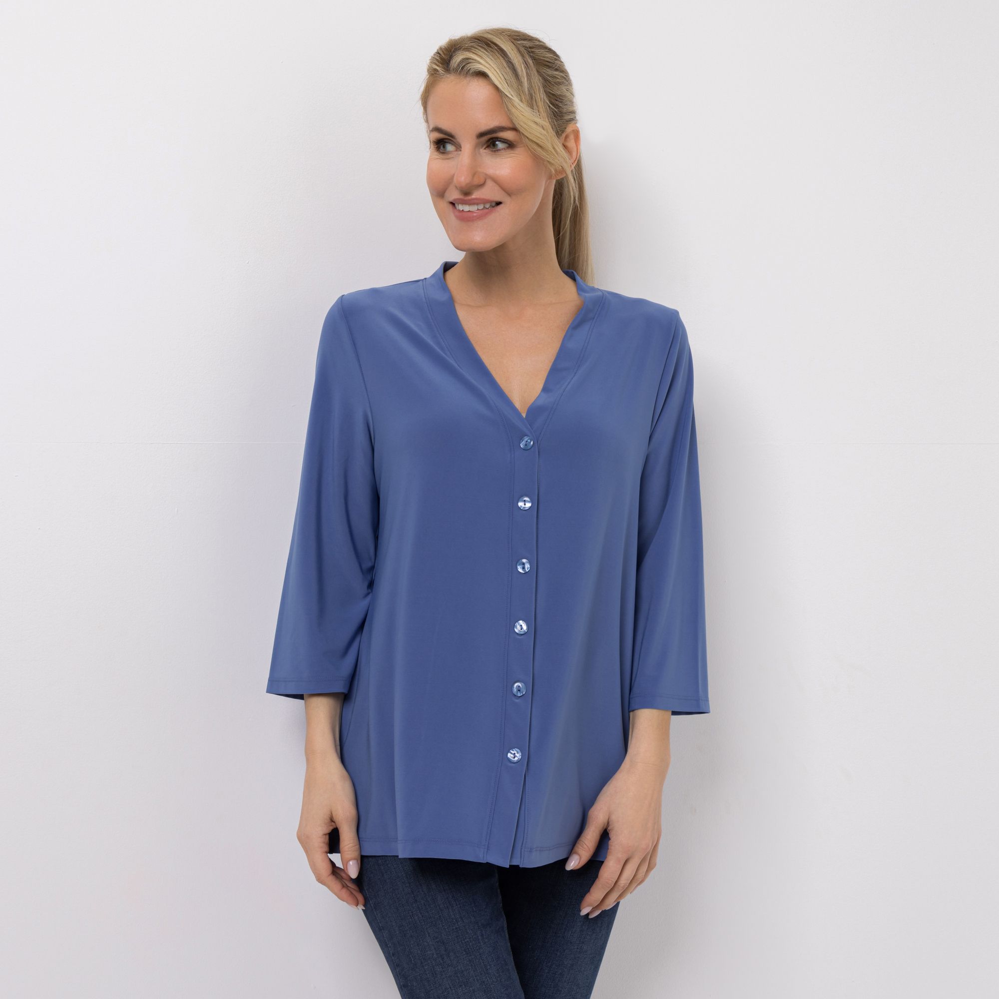 KIM & CO. Jerseybluse, 3/4-Arm Brazil Knit Jersey Knopfleiste figurumspielend