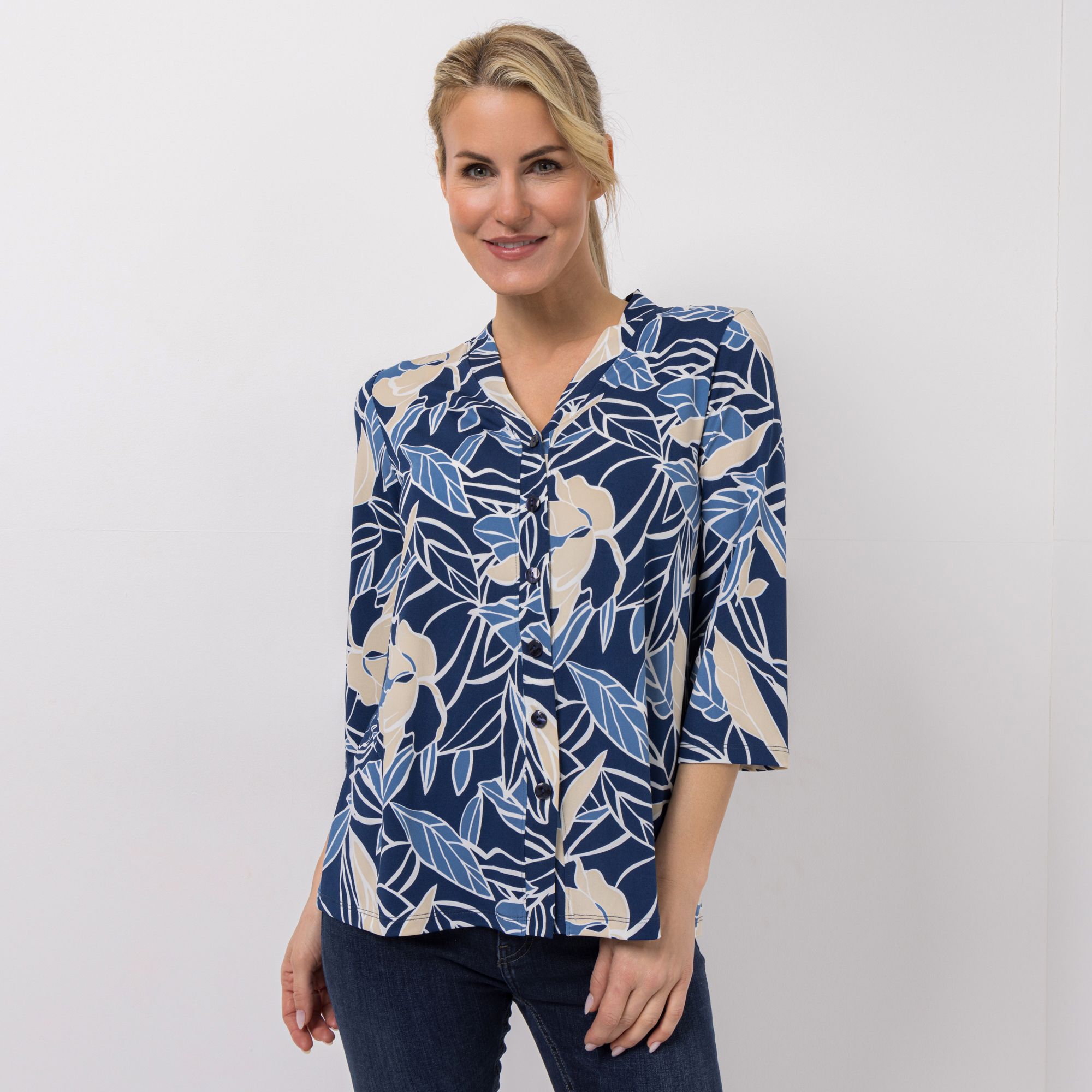 KIM & CO. Jerseybluse, 3/4-Arm Brazil Knit Jersey Knopfleiste figurumspielend