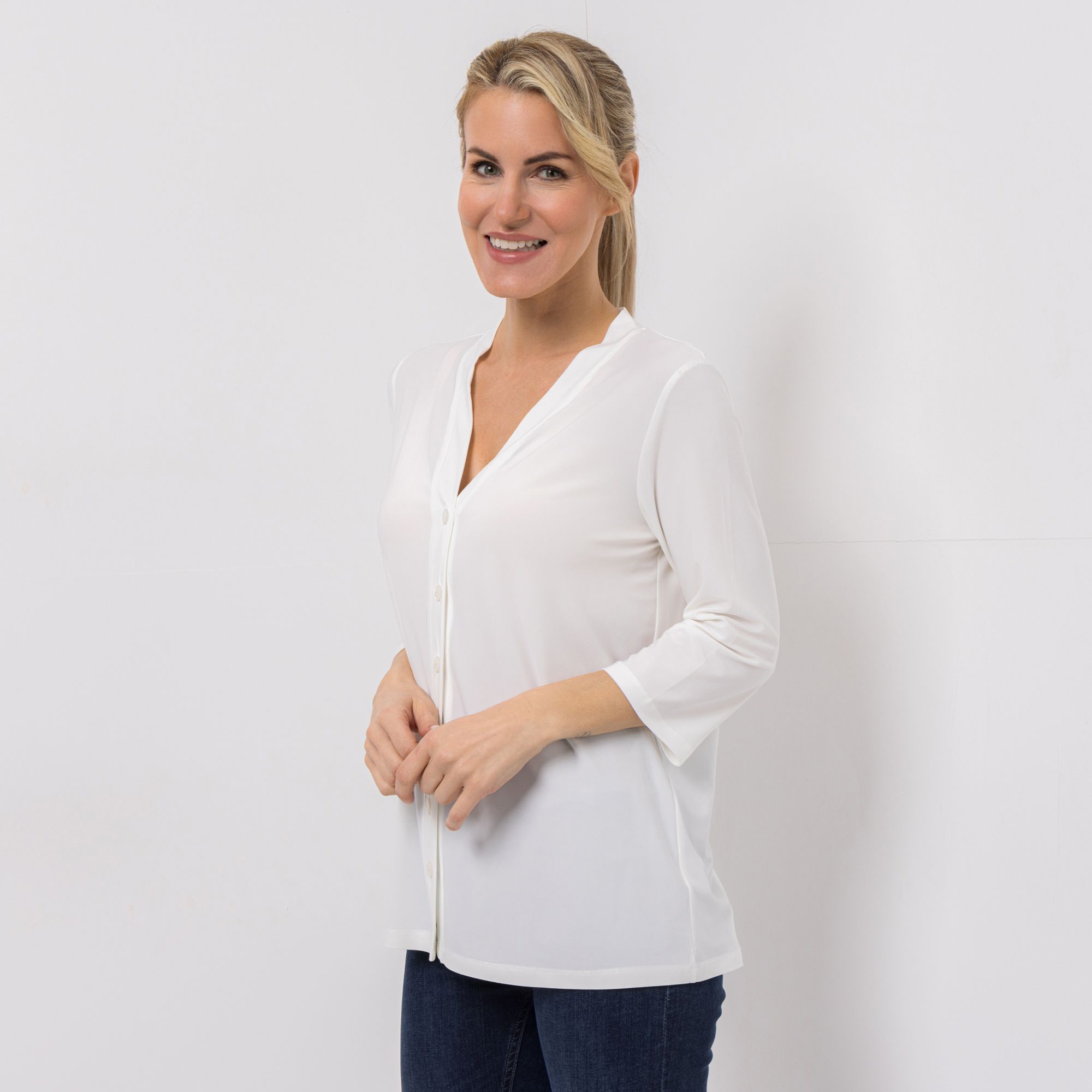 KIM & CO. Jerseybluse, 3/4-Arm Brazil Knit Jersey Knopfleiste figurumspielend