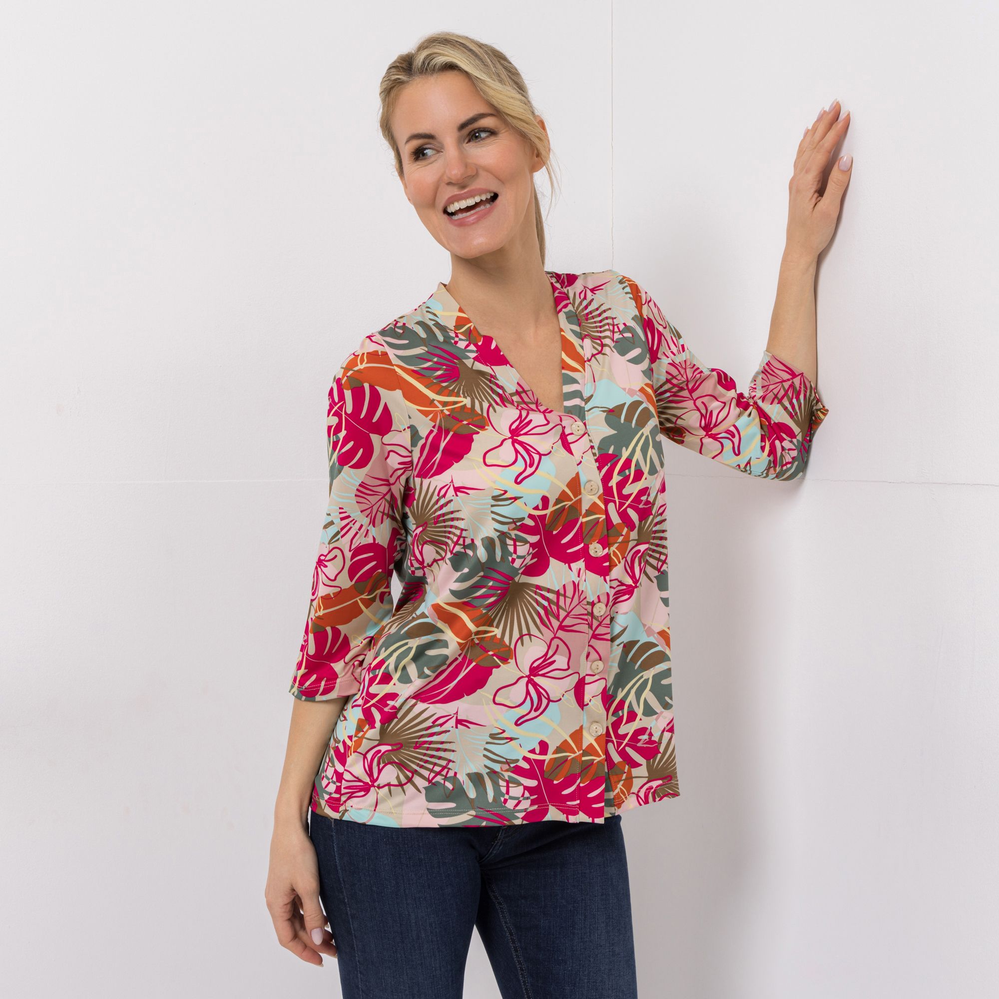 KIM & CO. Jerseybluse, 3/4-Arm Brazil Knit Jersey Knopfleiste figurumspielend