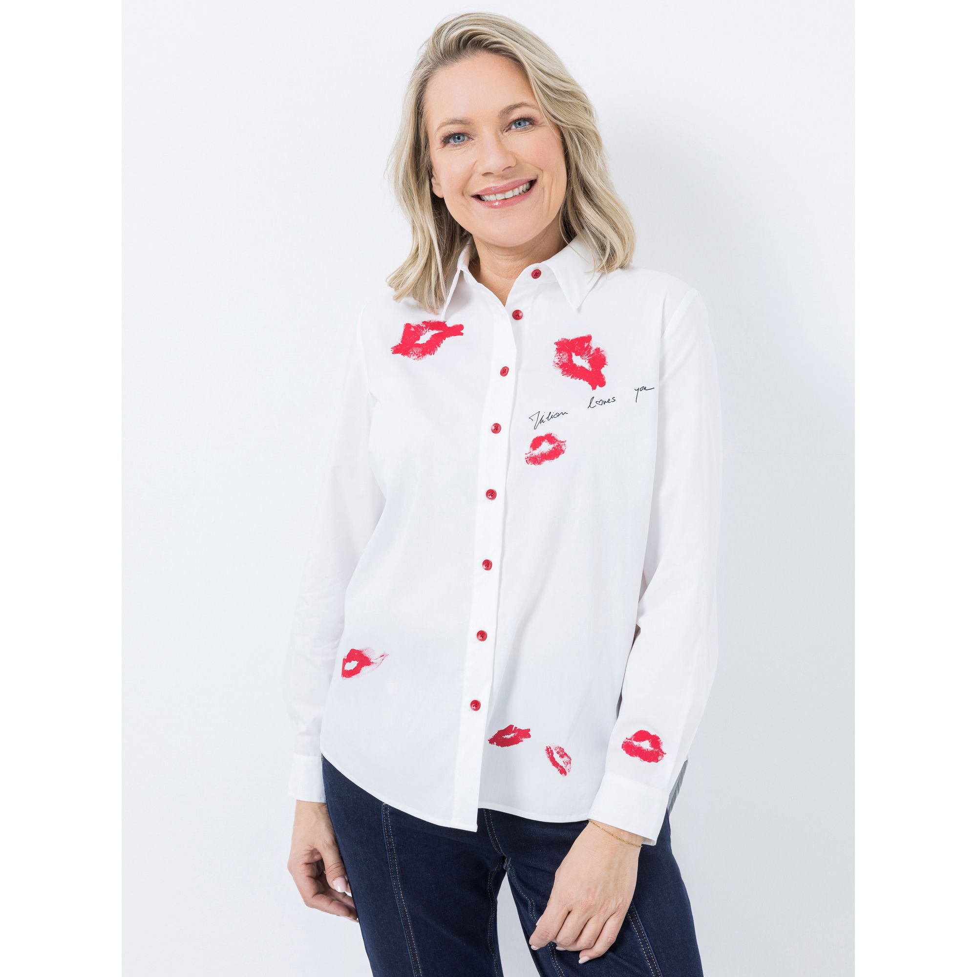 KILIAN KERNER SENSES Bluse, Langarm Hemdblusenkragen platzierter Kussprint leger weit