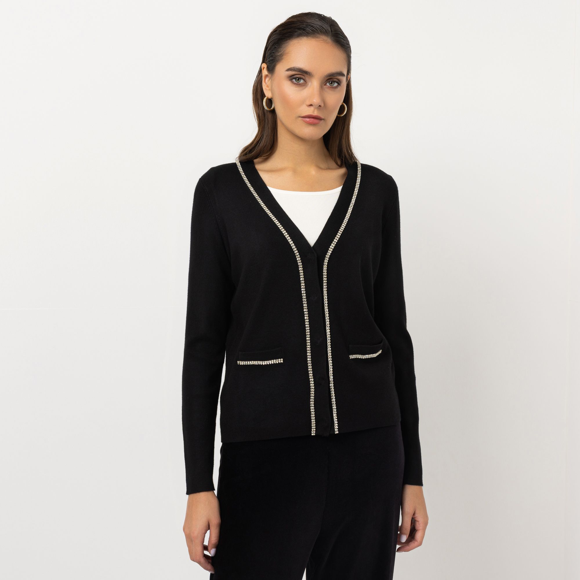 STEFFEN SCHRAUT Strickjacke V-Ausschnitt Zierkettendetails figurumspielend