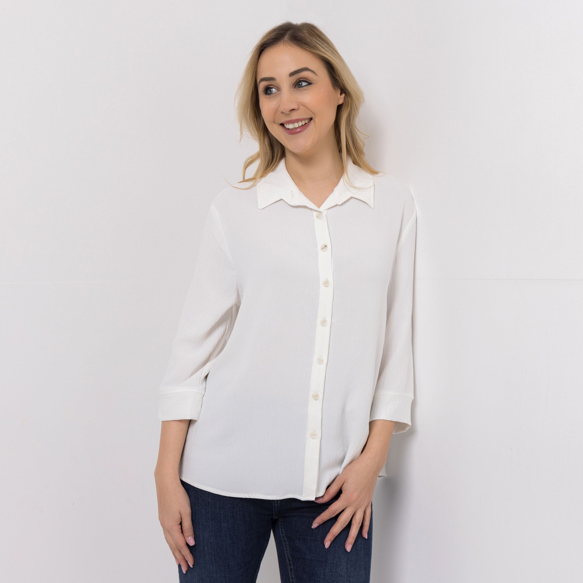 KIM & CO. Bluse, 3/4-Arm Struktur Popeline Knopfleiste figurumspielend