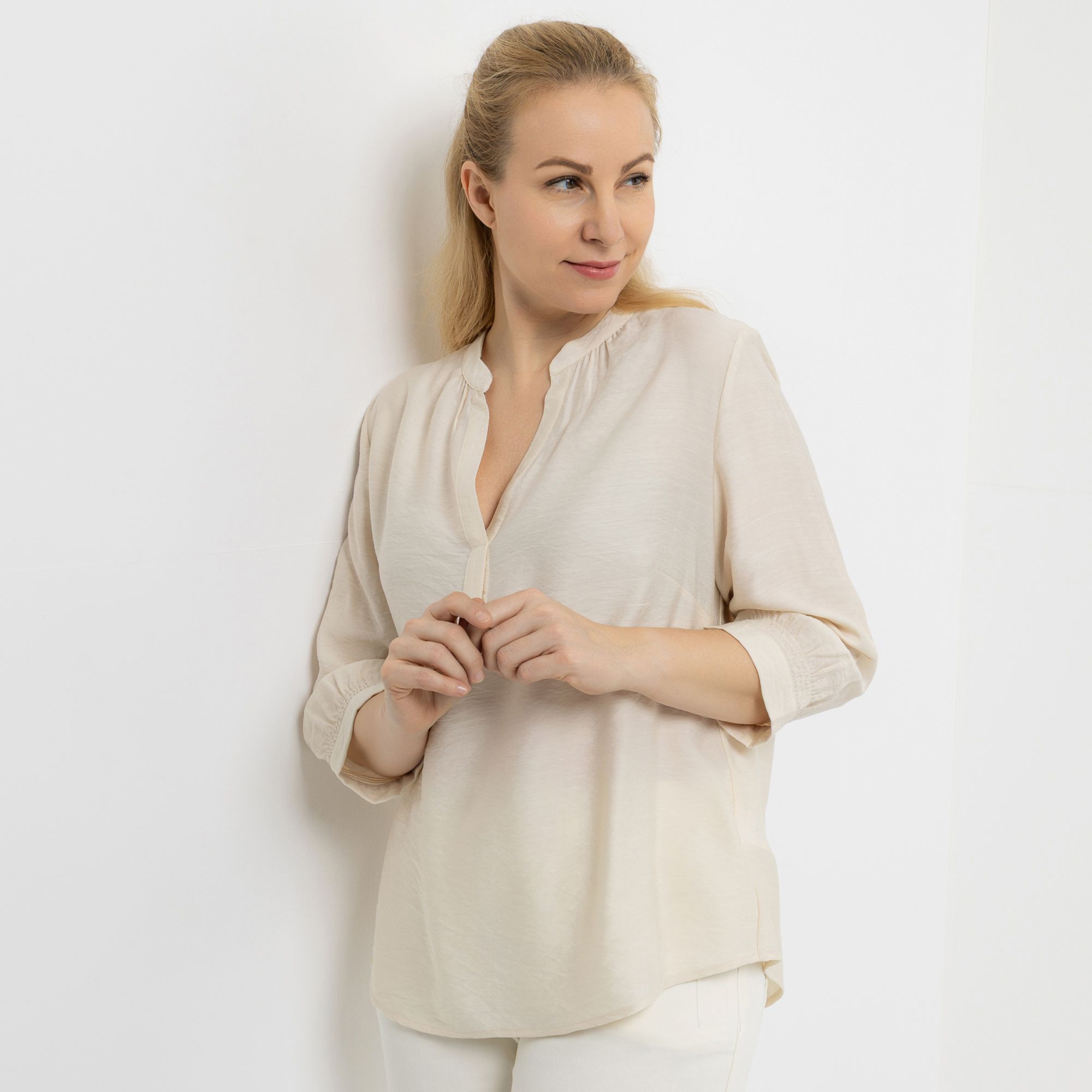 DAWID by Dawid Tomaszewski Bluse, 3/4-Arm Serafino-Ausschnitt leger weit