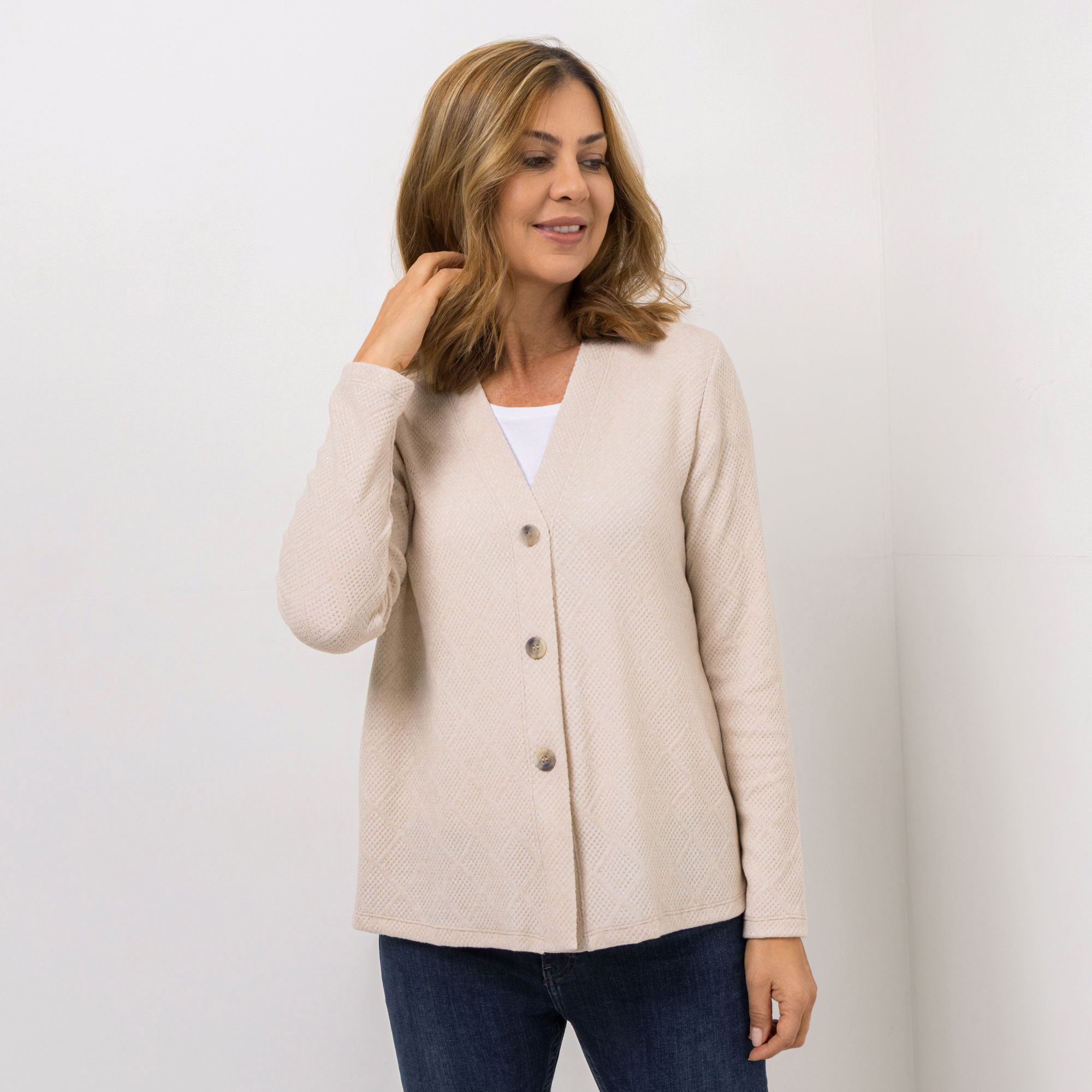 KIM & CO. Cardigan, Langarm Jaquard-Jersey Knopfleiste figurumspielend