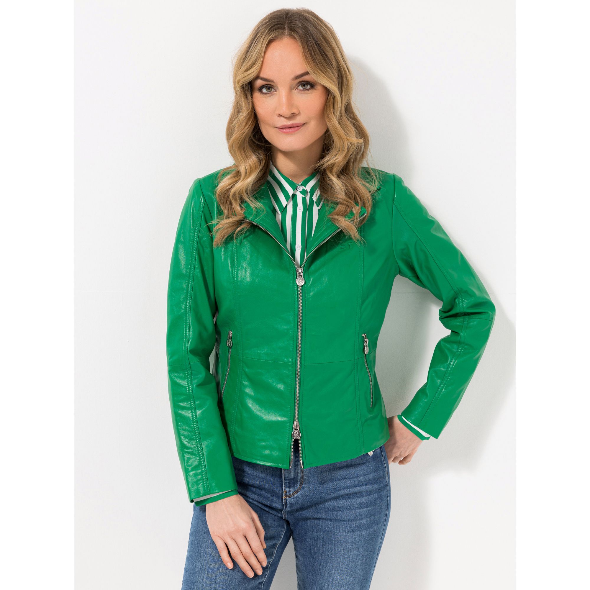 STRANDFEIN Lederjacke Lammnappa tonale Logo-Stickerei figurbetont