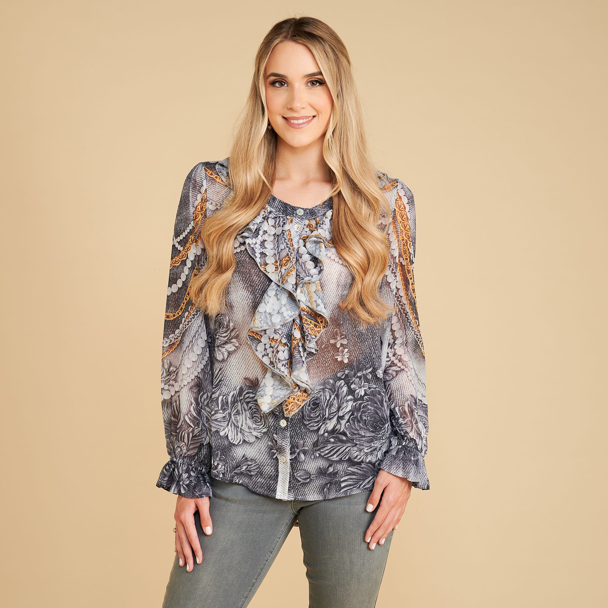 SCHIFFHAUER MUNICH® Bluse, 1/1 Arm Rundhalsausschnitt Knopfleiste figurumspielend