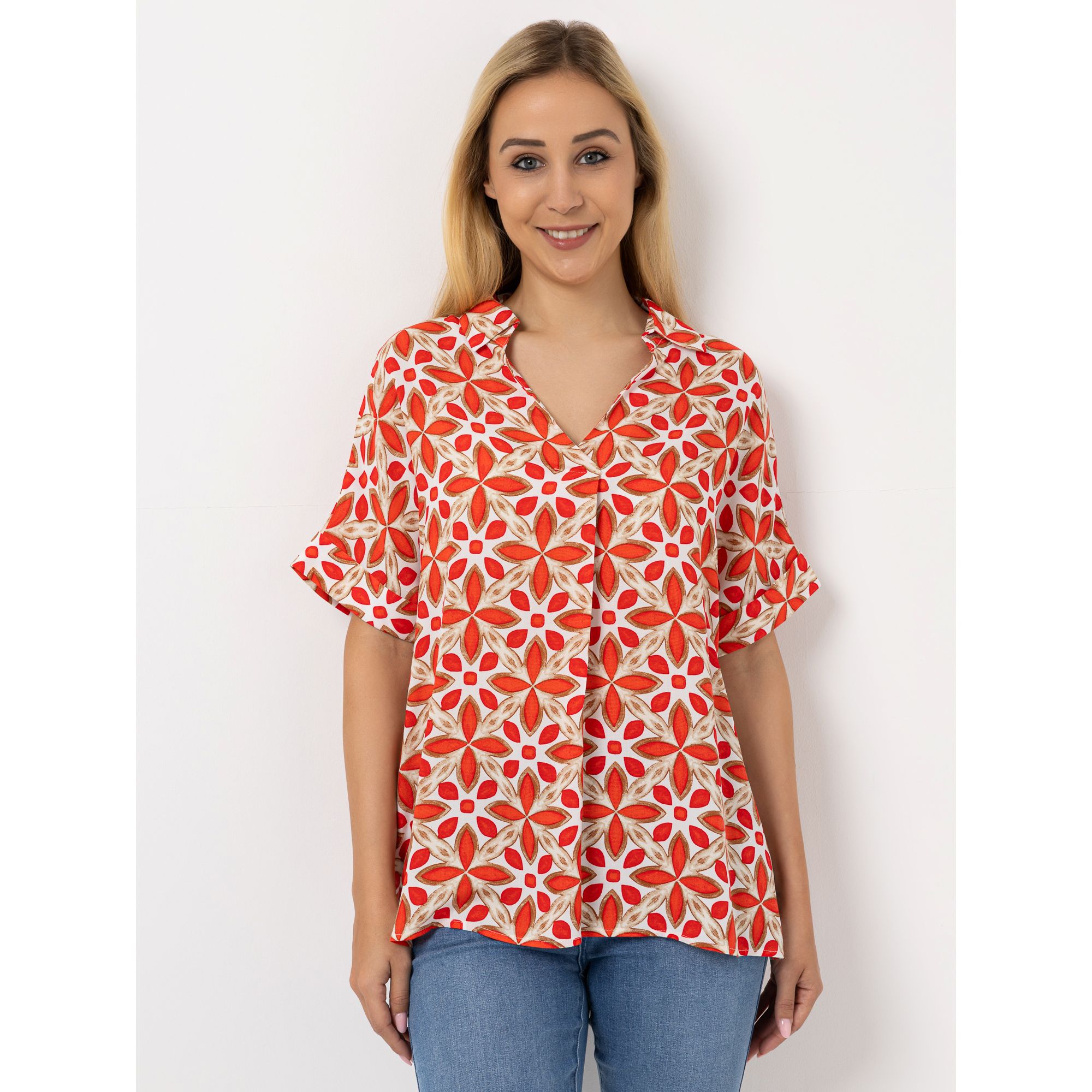 DINE 'N' DANCE Bluse, 1/2-Arm V-Ausschnitt Allover-Druck leger weit
