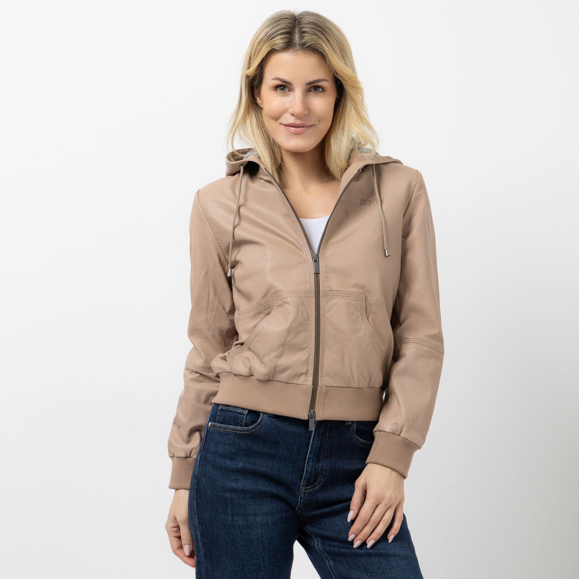 STRANDFEIN Lederjacke mit Kapuze 2-Wege-Reißverschluss figurbetont