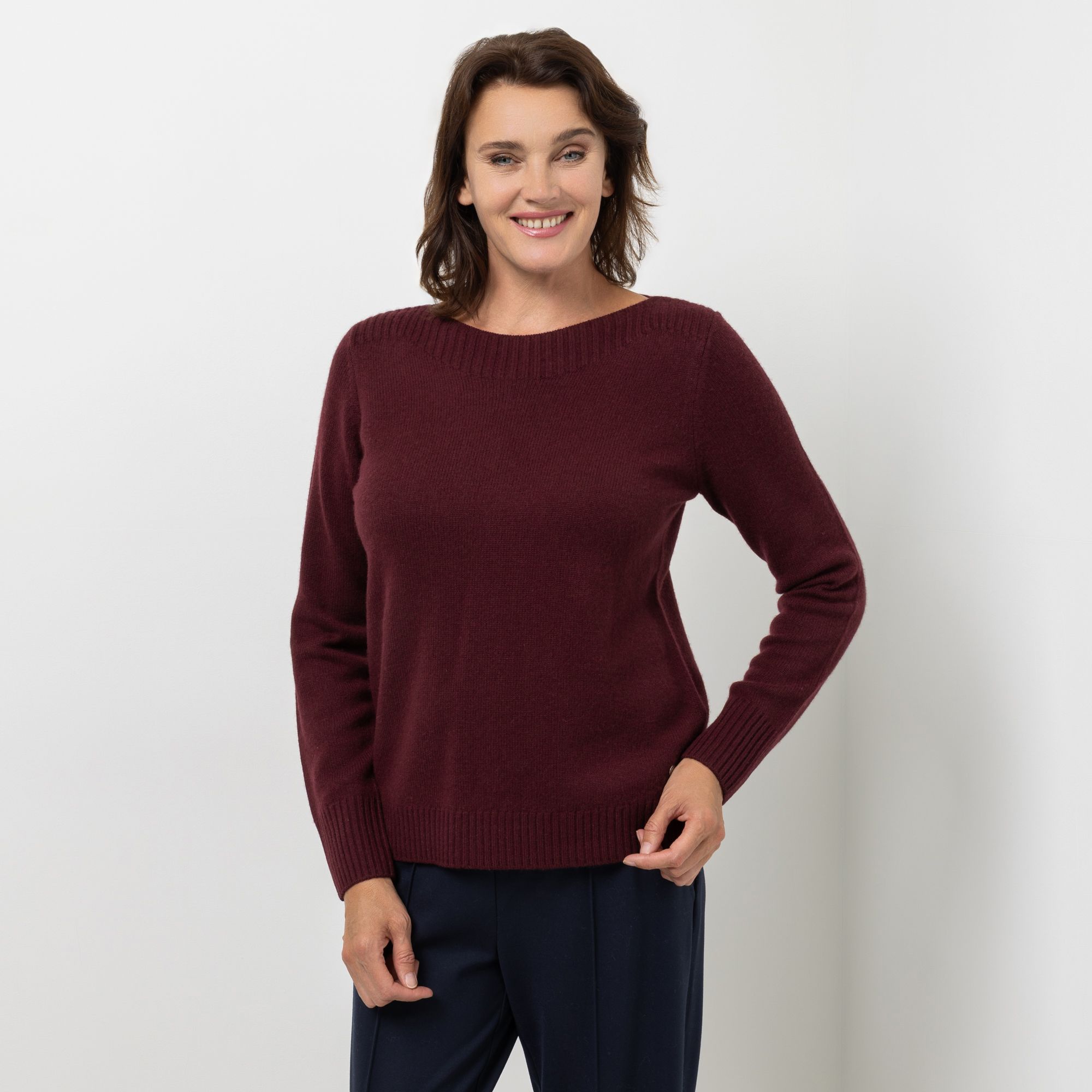 EVA LUTZ Pullover U-Boot Ausschnitt Rippdetails figurumspielend