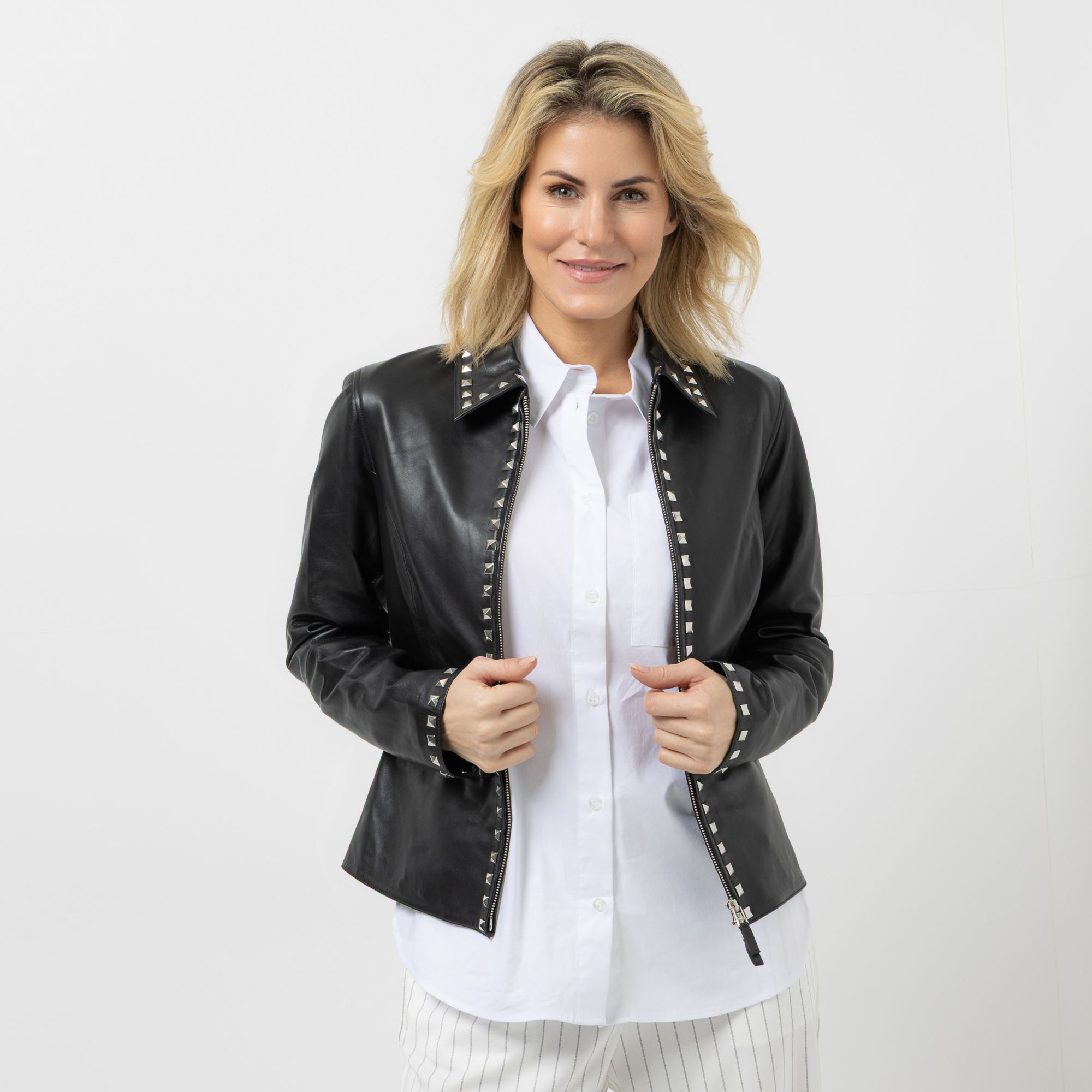 STRANDFEIN Lederjacke Nieten-Details 2-Wege-Reißverschluss figurbetont