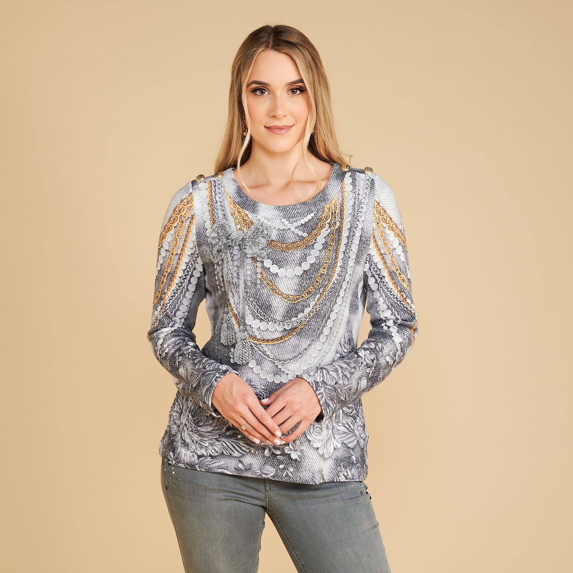 SCHIFFHAUER MUNICH® Pullover, Zierknöpfe Rundhalsausschnitt Strasssteinbesatz figurumspielend