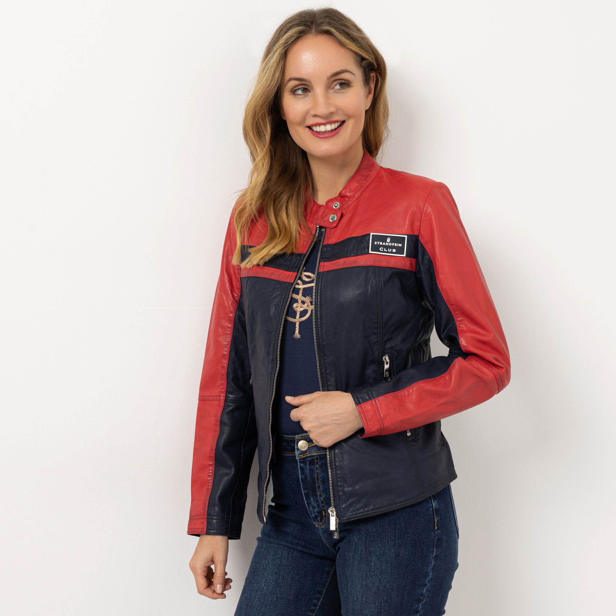 STRANDFEIN Lederjacke Lammnappa Kontrasteinsätze figurbetont