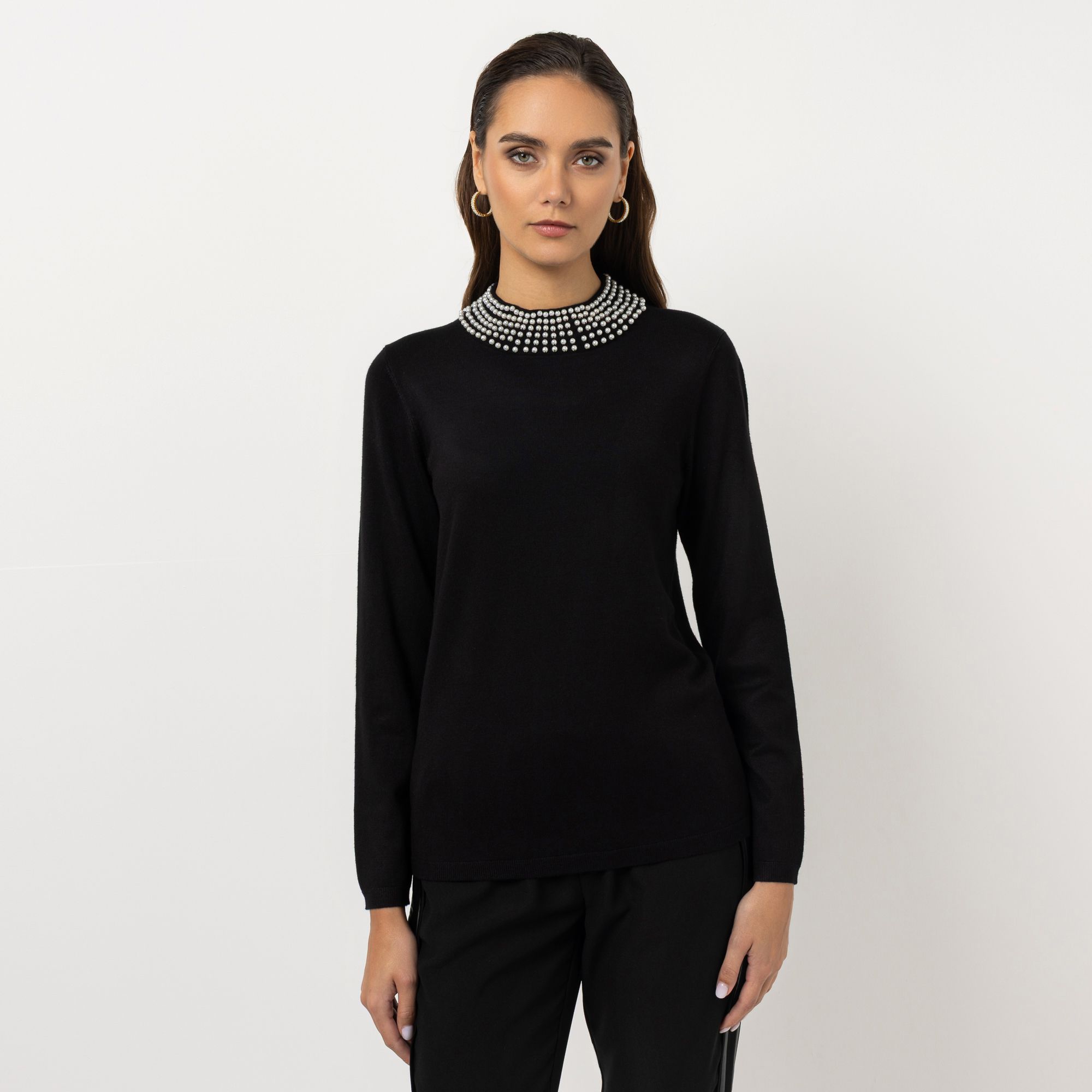 STEFFEN SCHRAUT Pullover Stehkragen mit weißen Perlen figurbetont