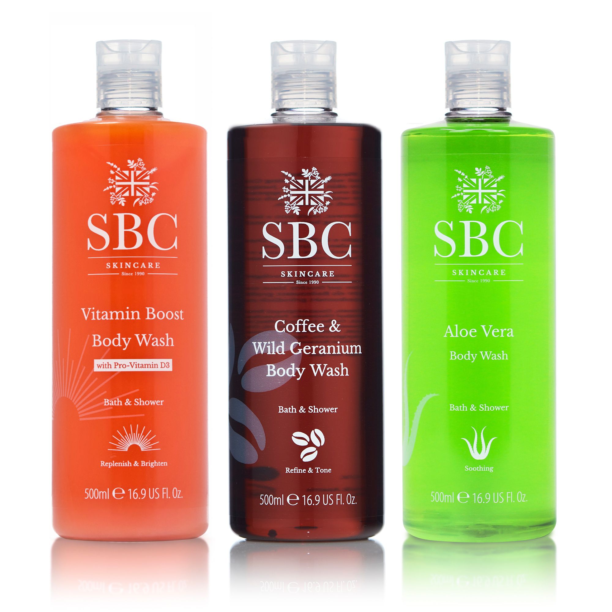 SBC Bodywash Trio Vitamin Boost, Aloe Vera, Coffee & Geranium 3x 500ml