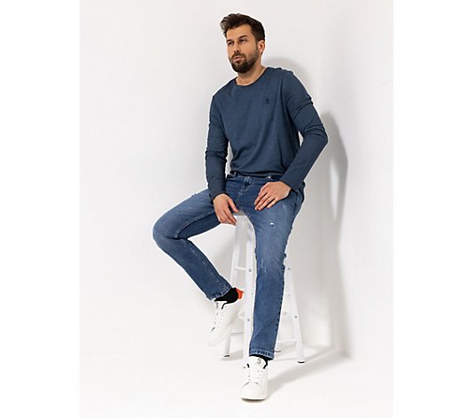 STRANDFEIN Menswear Jeanshose, lange Form 5-Pocket-Style Logoprägung Used-Look