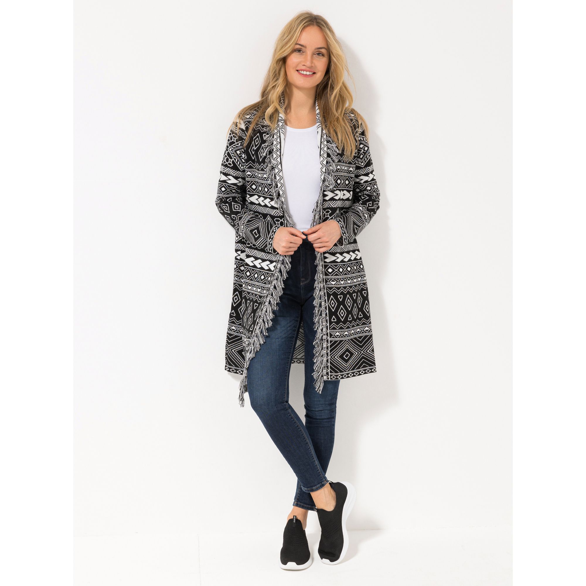 DINE 'N' DANCE Longcardigan offene Front Fransendetails figurumspielend