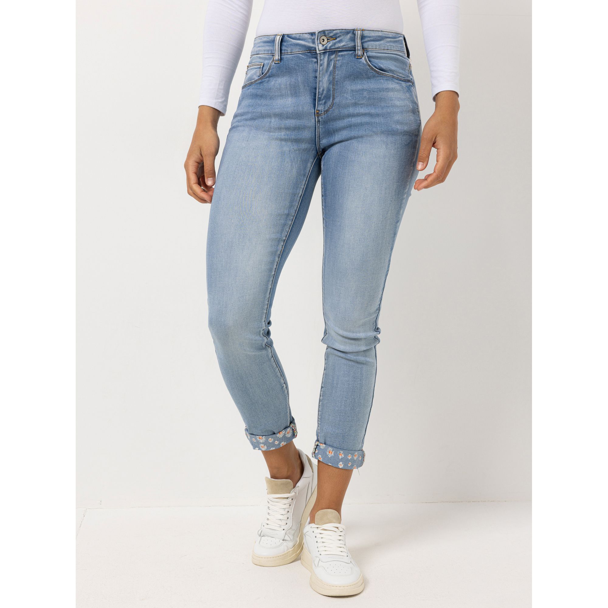 DINE 'N' DANCE Jeanshose Salsa 5-Pocket-Style bedruckter Umschlag schmales Bein