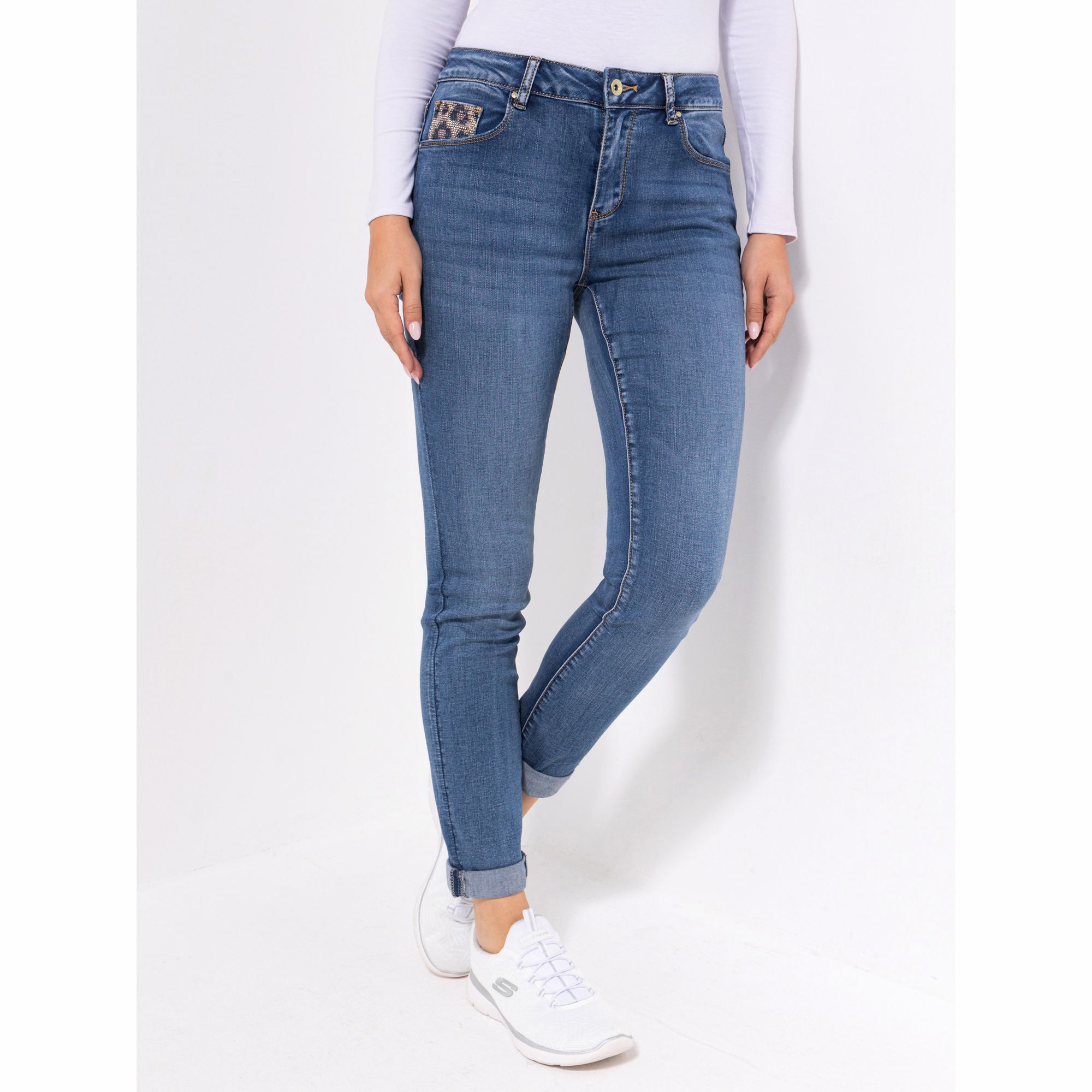 DINE 'N' DANCE Jeanshose Salsa Strassdetails Umschlag am Saum schmales Bein