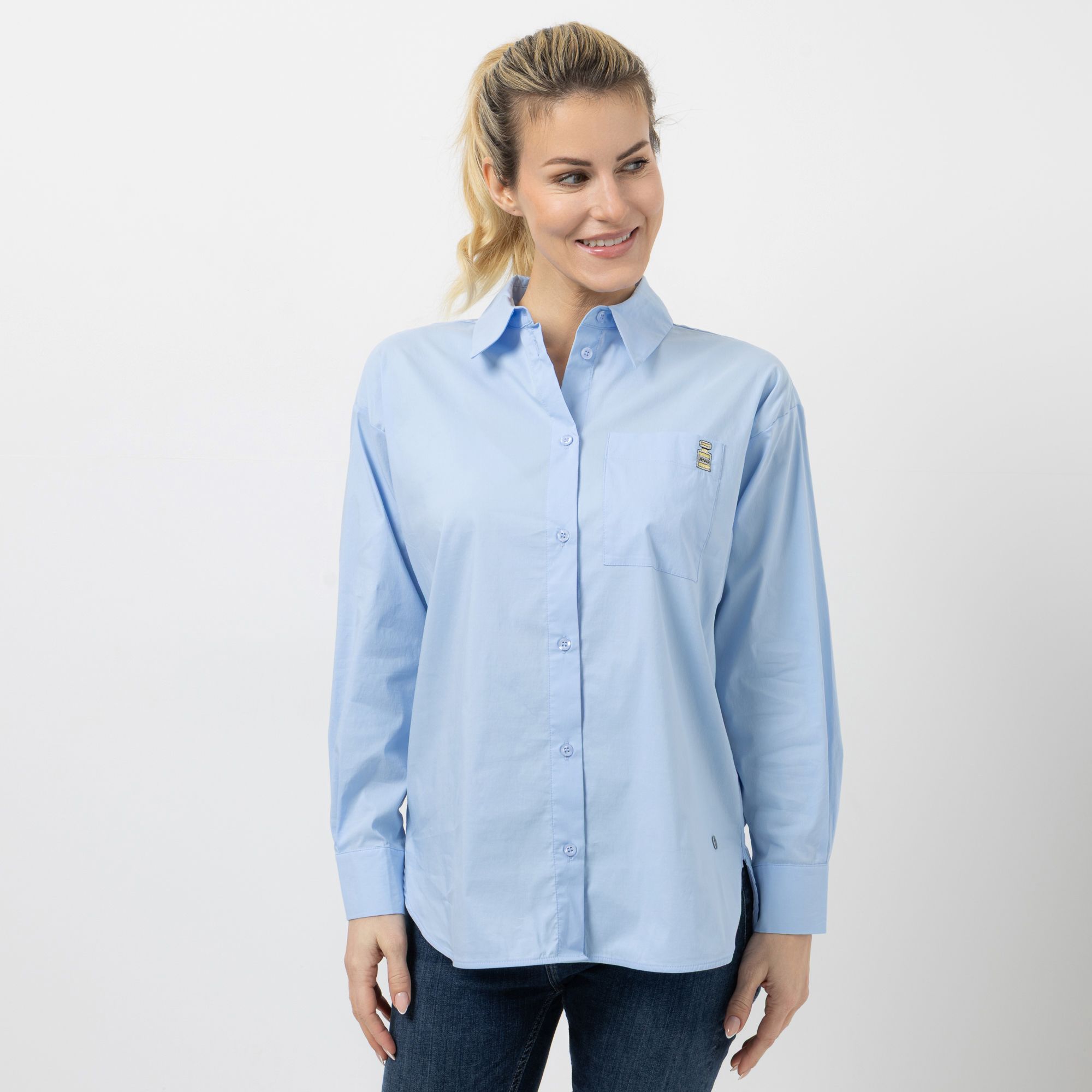 STRANDFEIN Bluse, oversize Hemdblusenkragen Brusttaschenstickerei leger weit