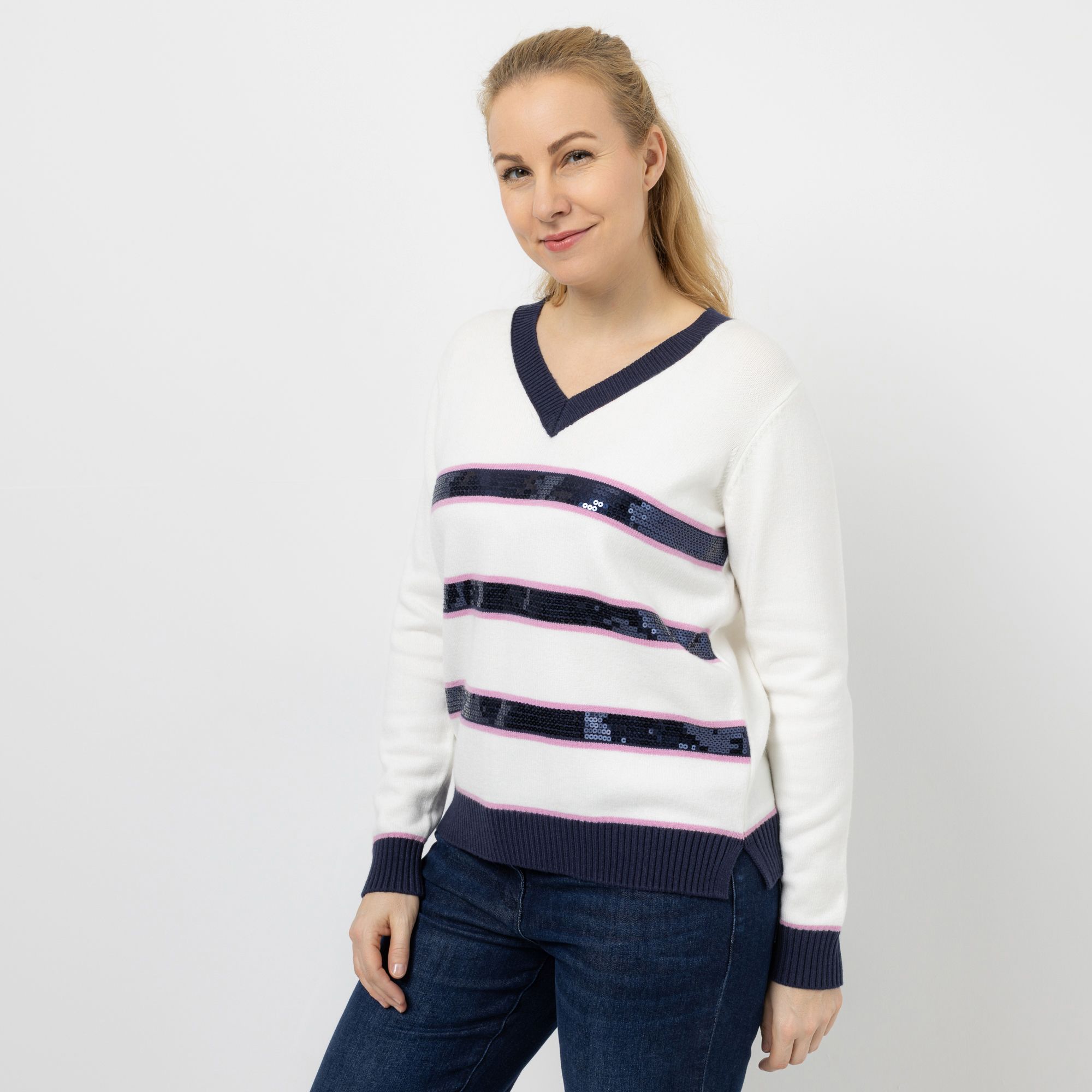 DAWID by Dawid Tomaszewski Pullover, Streifen Pailletten-Details figurumspielend