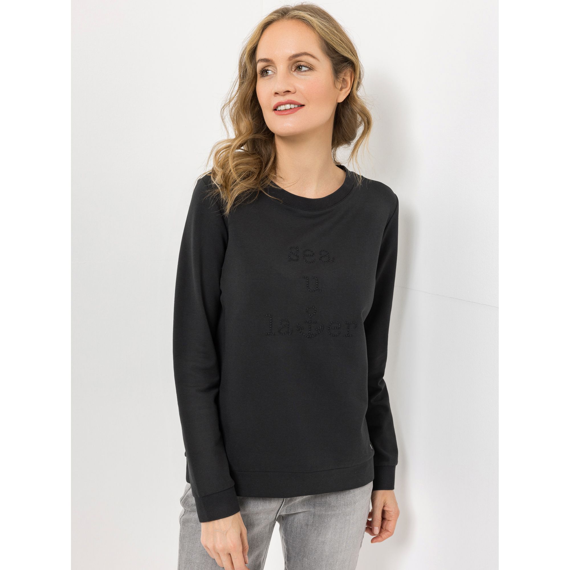 STRANDFEIN Sweatshirt Rundhalsausschnitt tonale Stickerei figurumspielend