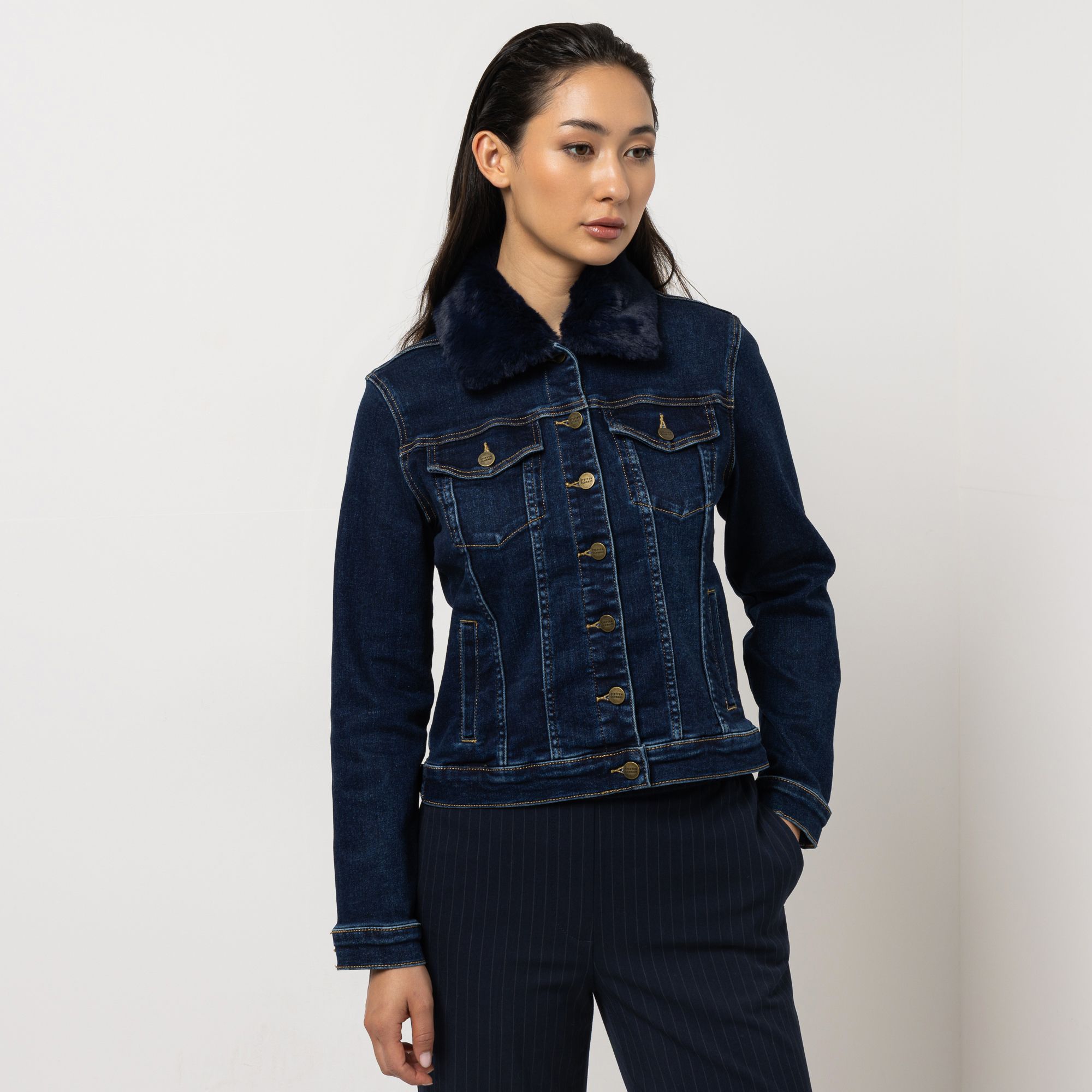 STEFFEN SCHRAUT Jeansjacke elastische Ware Fellimitat-Kragen figurbetont