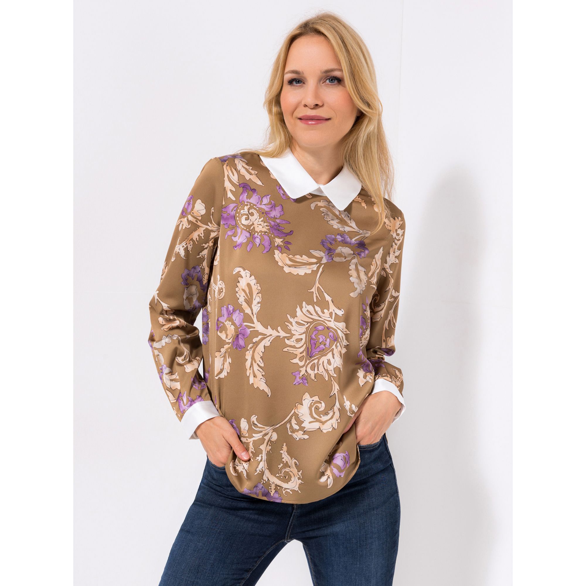 ANNI FOR FRIENDS Bluse, 1/1-Arm angesetzter Kragen Allover-Print leger weit