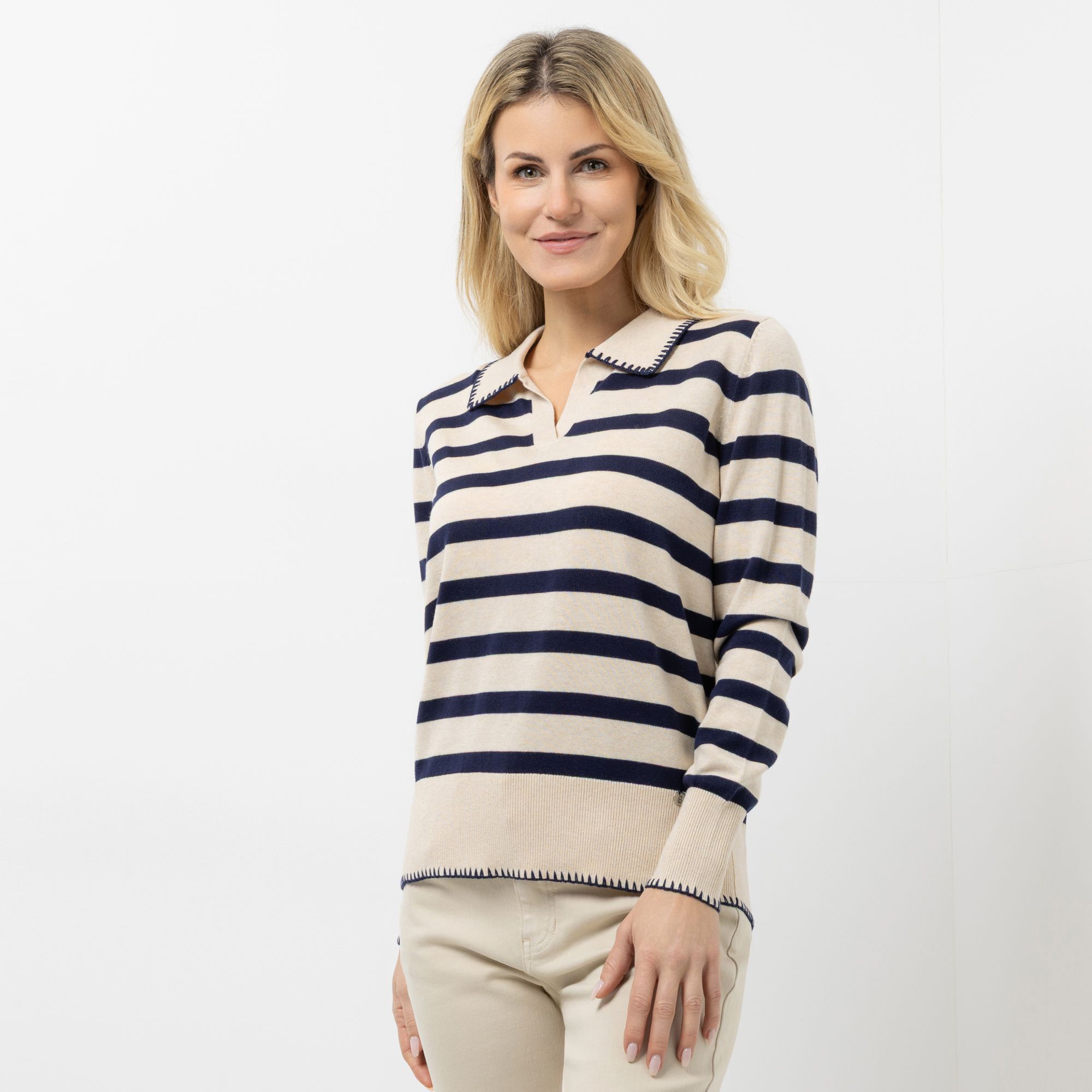 STRANDFEIN Pullover Polo-Kragen gestreift figurumspielend
