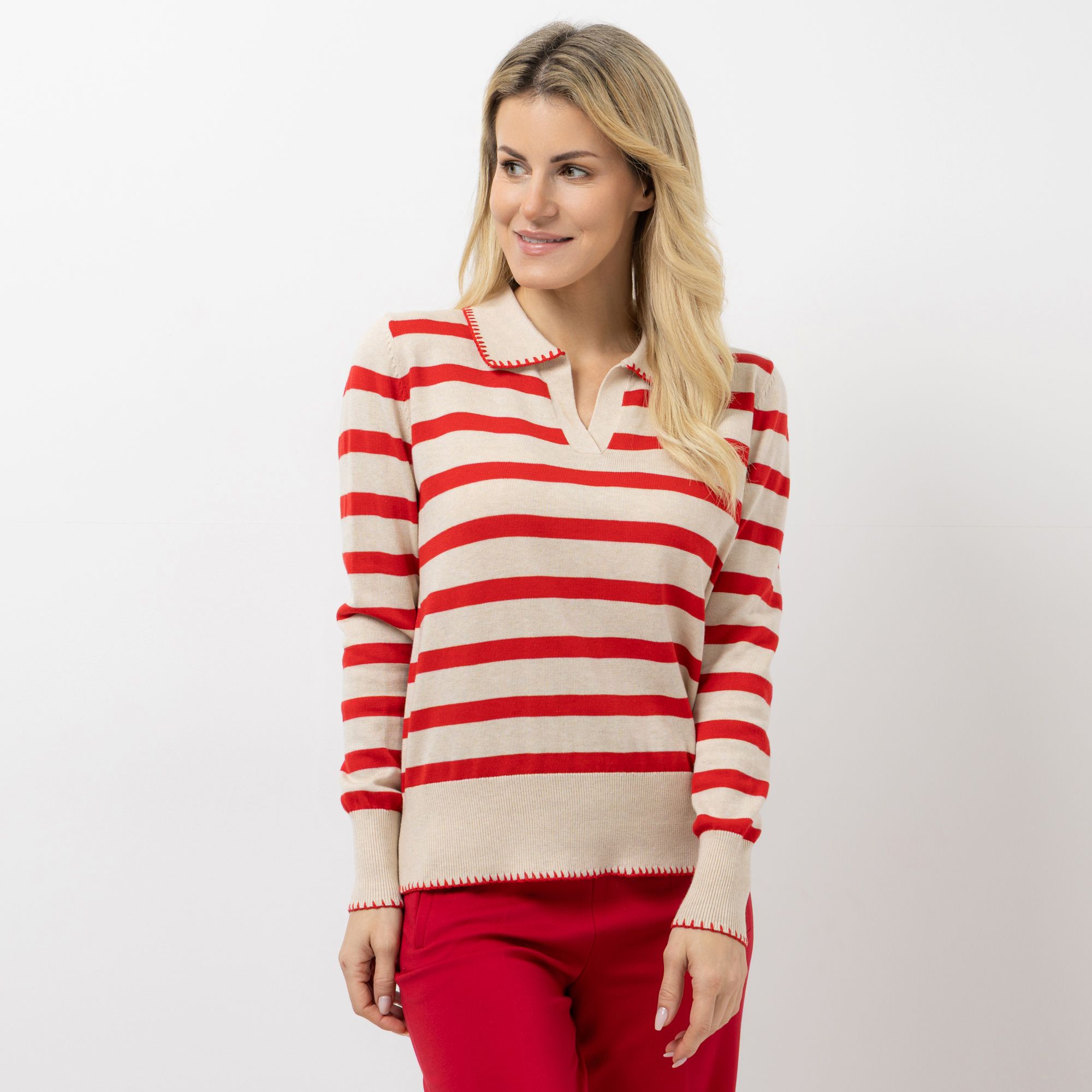 STRANDFEIN Pullover Polo-Kragen gestreift figurumspielend