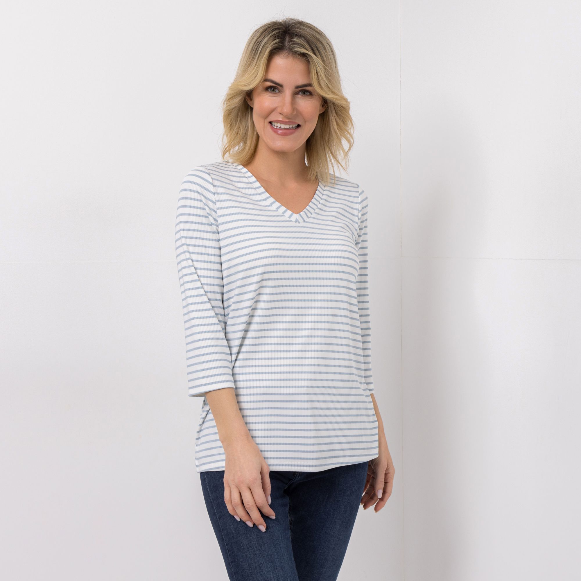 KIM & CO. Shirt, 3/4-Arm Rippen Jersey V-Ausschnitt figurumspielend