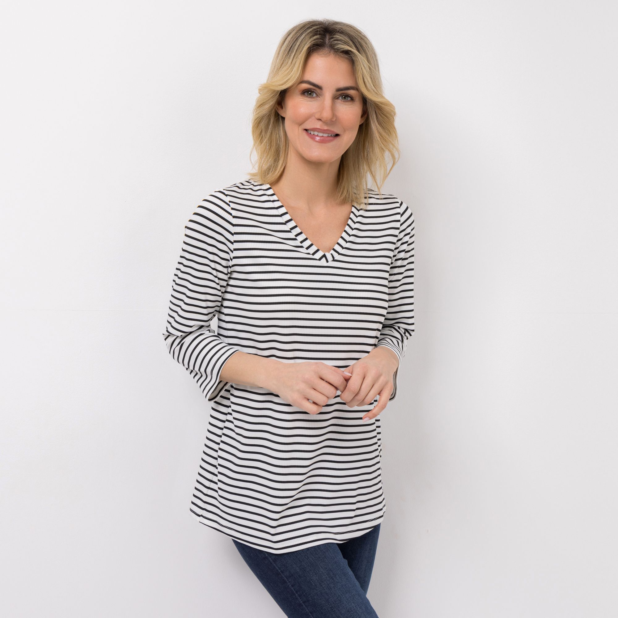 KIM & CO. Shirt, 3/4-Arm Rippen Jersey V-Ausschnitt figurumspielend