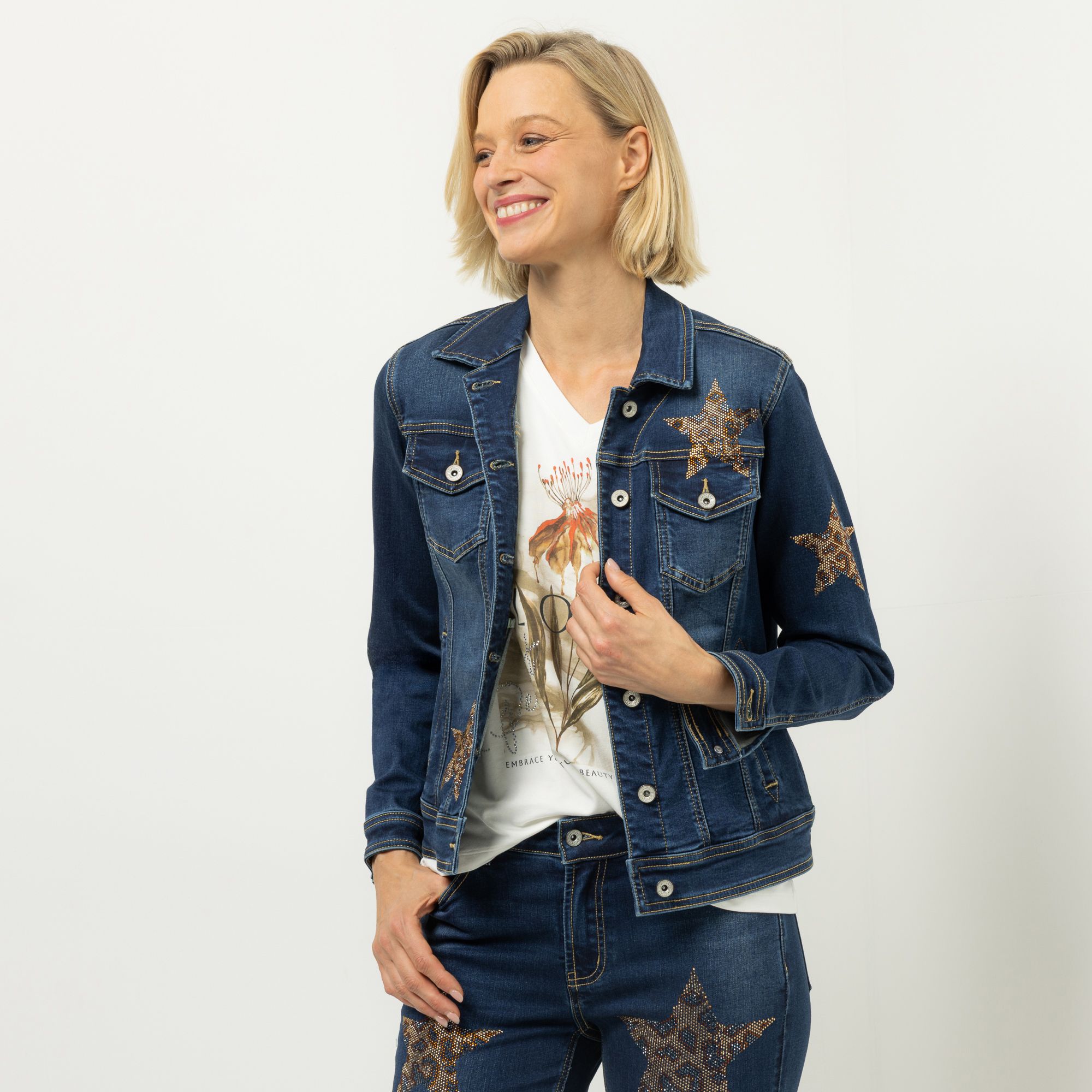 DINE 'N' DANCE Jeansjacke Salsa Knopfleiste Strass-Sterne figurbetont