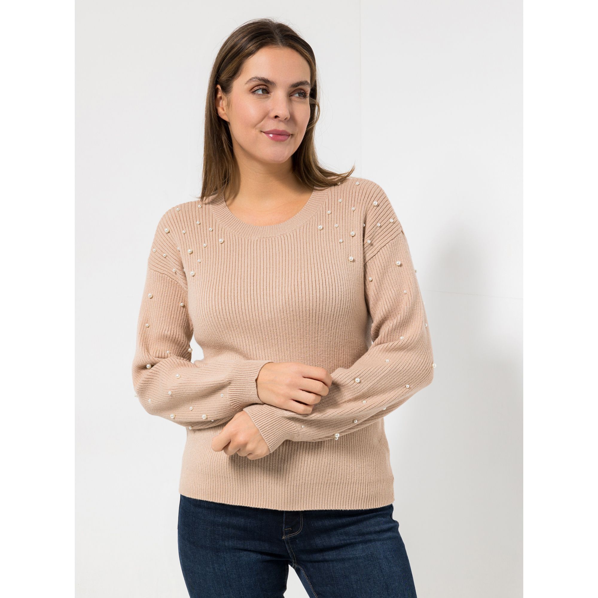 ANNI FOR FRIENDS Pullover, 1/1-Arm Rundhalsausschnitt Kunstperlen figurumspielend