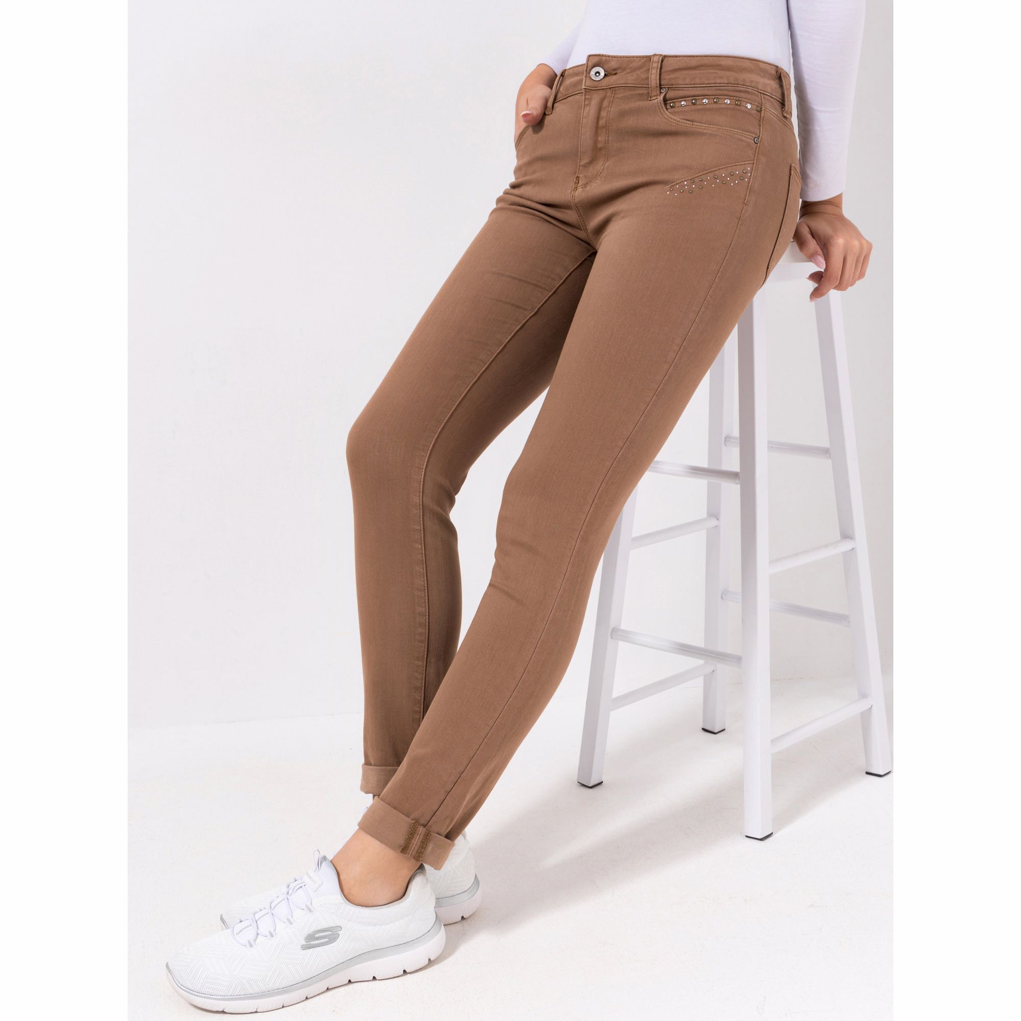 DINE 'N' DANCE Jeanshose Salsa Umschlag am Saum Strassdetails schmales Bein